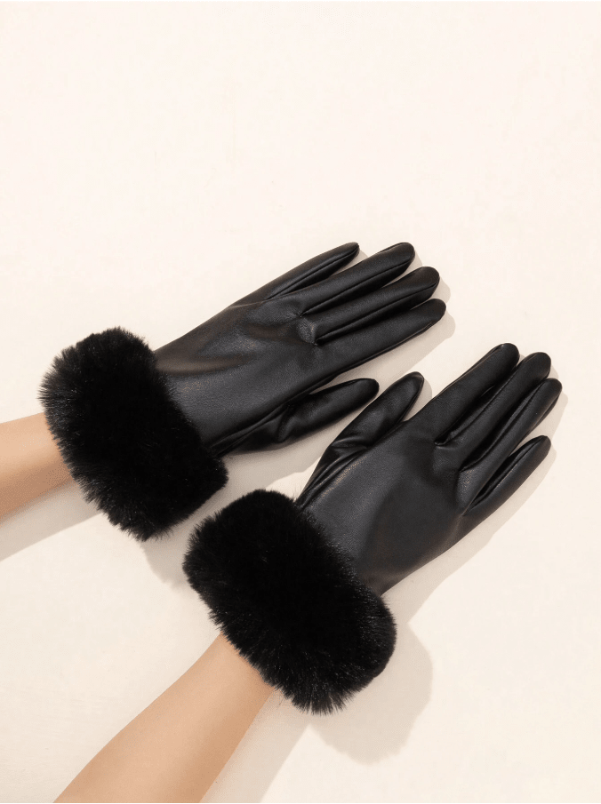 1 Pair Women's Leather Gloves With Faux Fur Cuffs, Warm Wind-Proof Touch Screen PU Leather Gloves