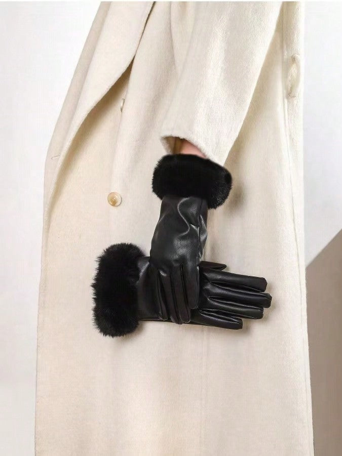 1 Pair Women's Leather Gloves With Faux Fur Cuffs, Warm Wind-Proof Touch Screen PU Leather Gloves