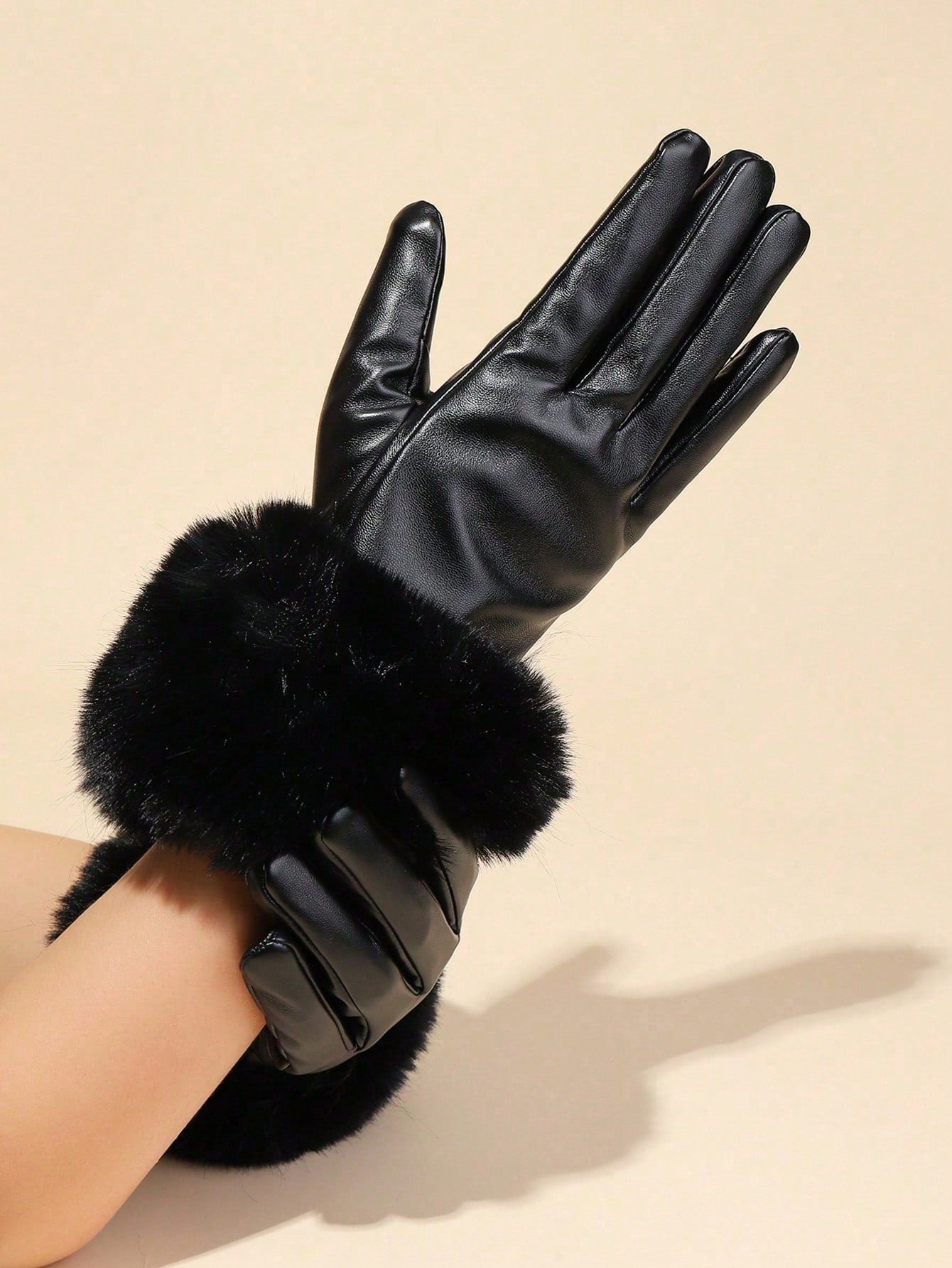 1 Pair Women's Leather Gloves With Faux Fur Cuffs, Warm Wind-Proof Touch Screen PU Leather Gloves