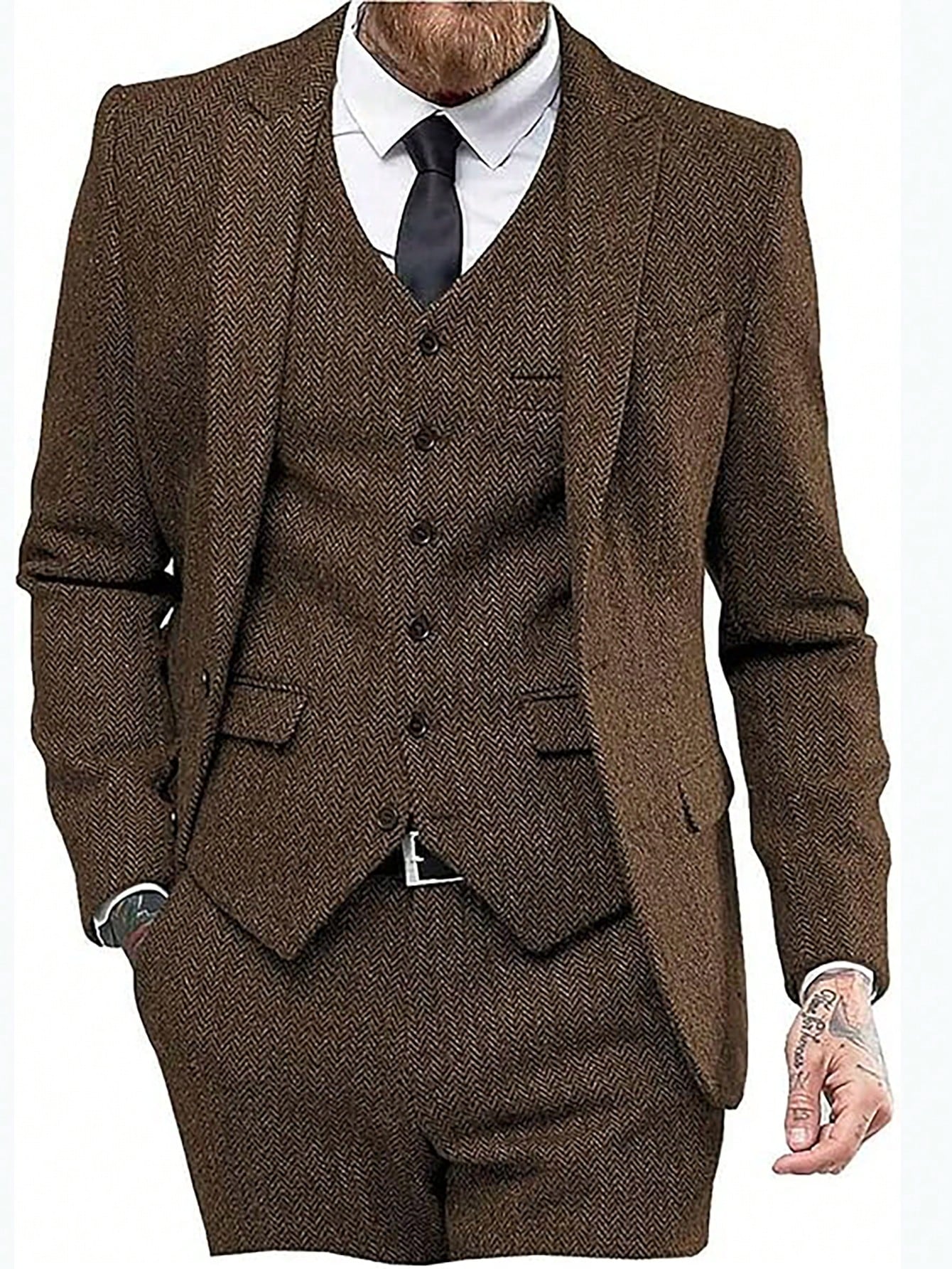 Mens Herringbone Tweed Suit 3 Piece Suit Two Buttons Wool Suits 1920's Themed Wedding Suit