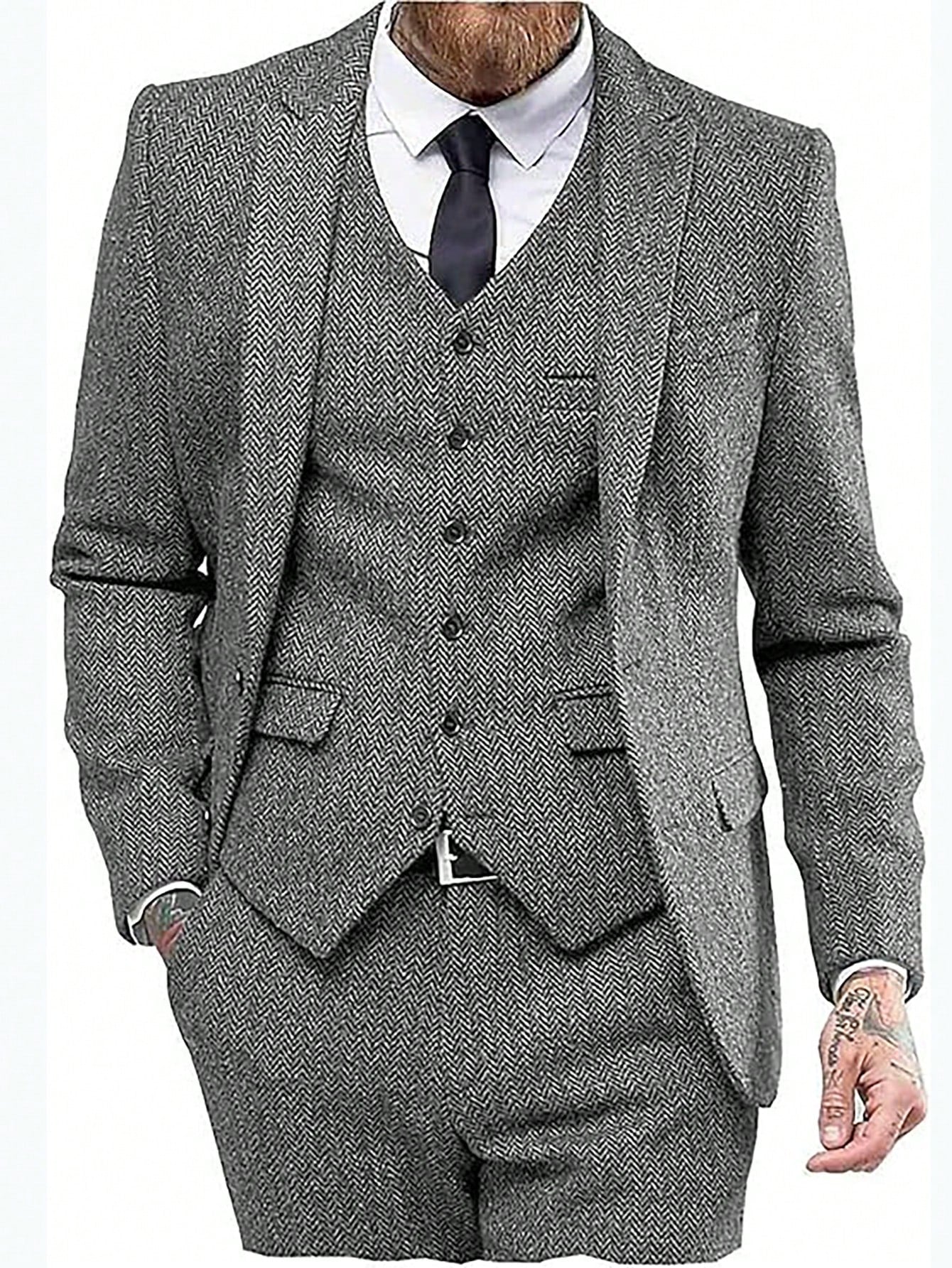 Mens Herringbone Tweed Suit 3 Piece Suit Two Buttons Wool Suits 1920's Themed Wedding Suit