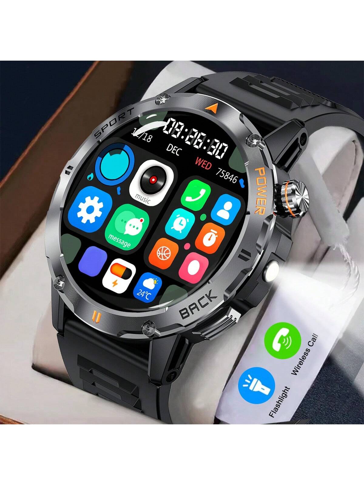 Smart Watch, 1.53Inch Round Full Touchscreen Smart Watch, Fitness Tracker, Wireless Call, LED Flashlight, Music Control, Info Push, Compatible With Android