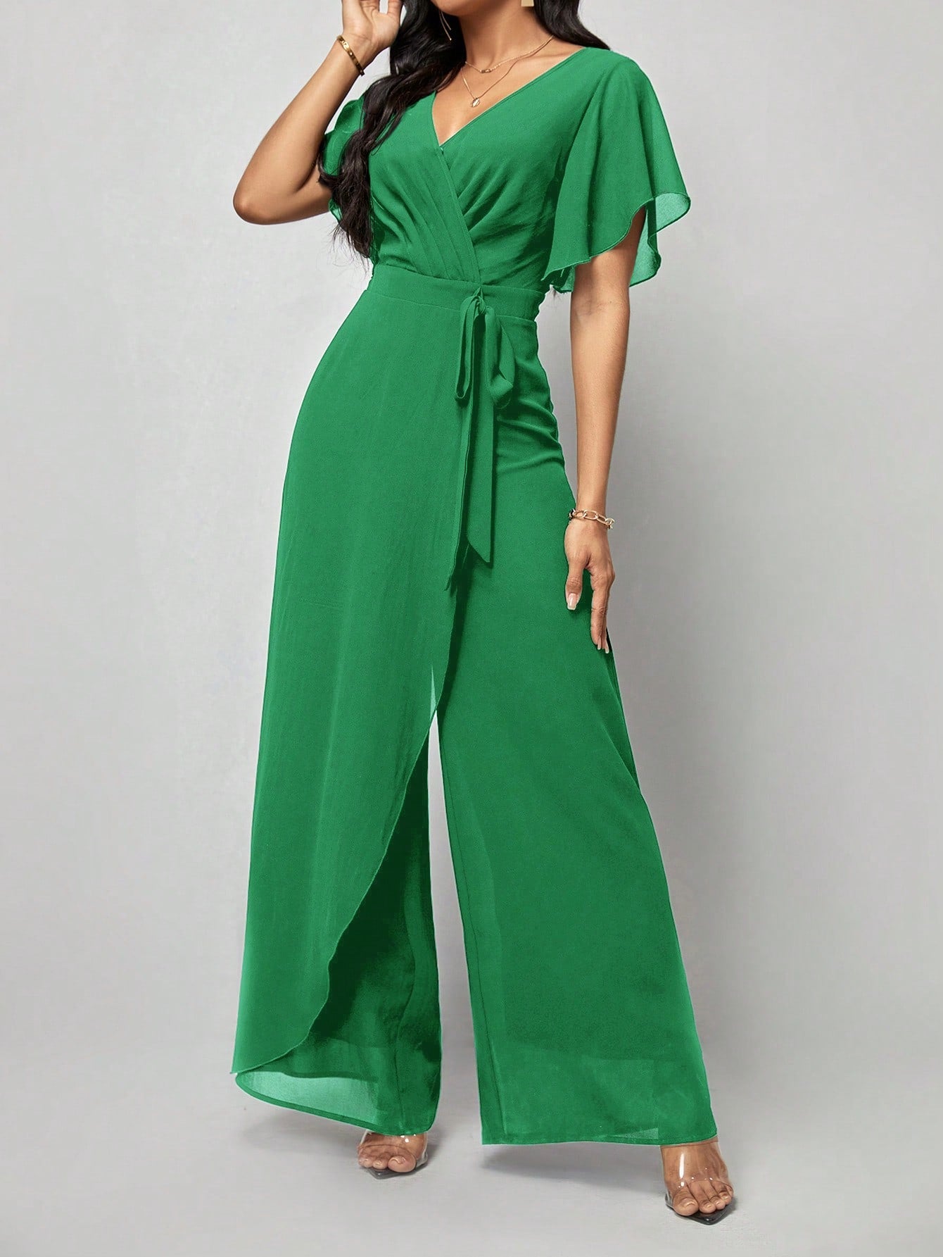 Amorya Saint Patrick Day Butterfly Sleeve Wrap Belted Wide Leg Jumpsuit