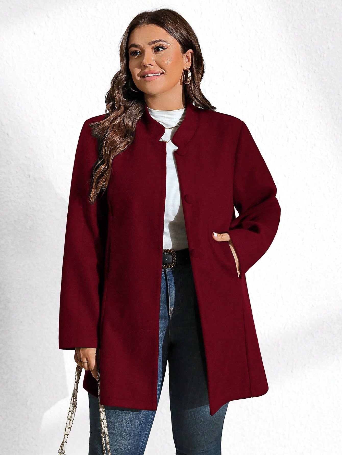 LUNE Plus Size Women Stand Collar Black Solid Long Sleeve Large Button Jacket, Autumn/Winter