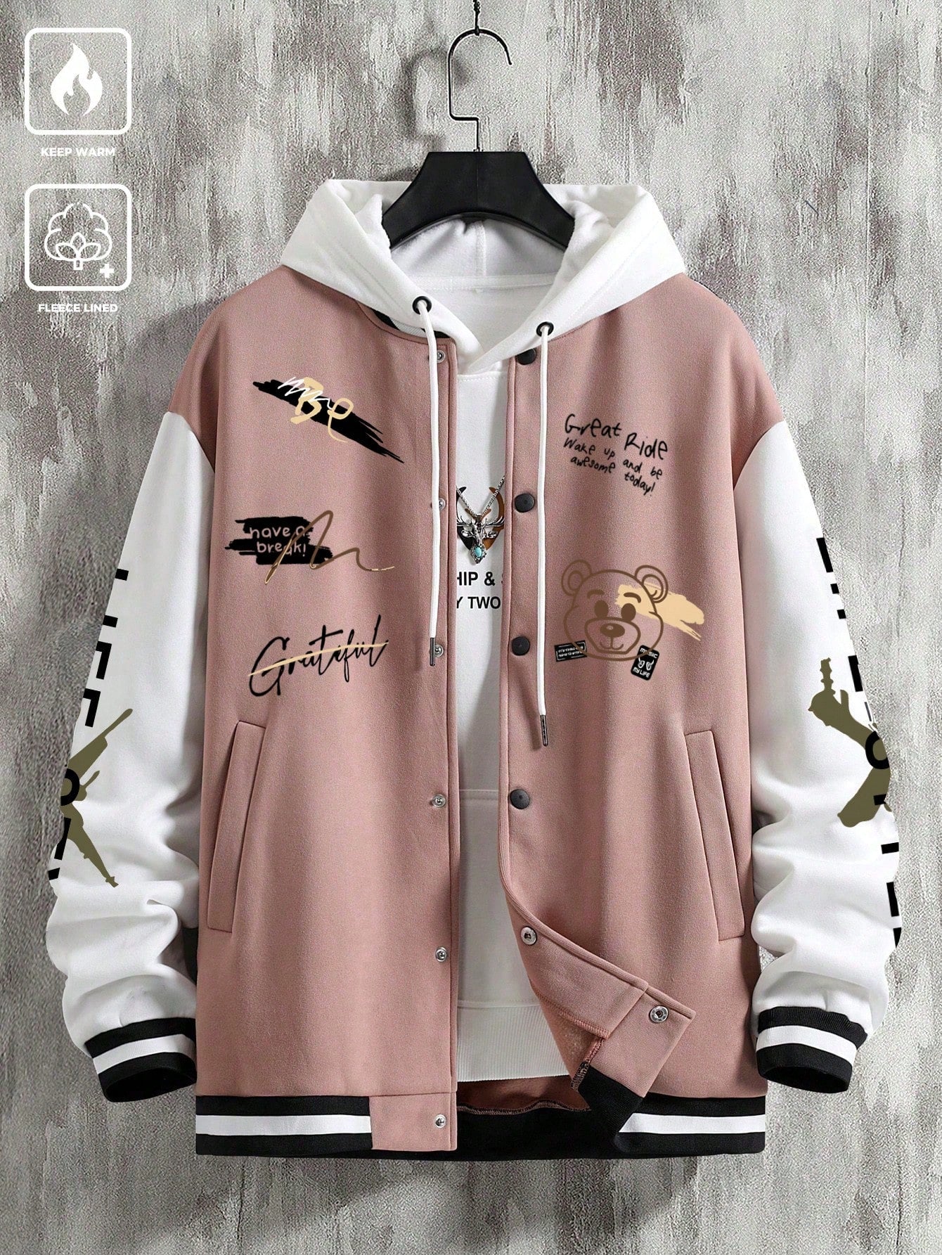 Manfinity EMRG Men's Loose Slogans Cartoon Bear Print Long Sleeve Casual Baseball Jacket, Autumn