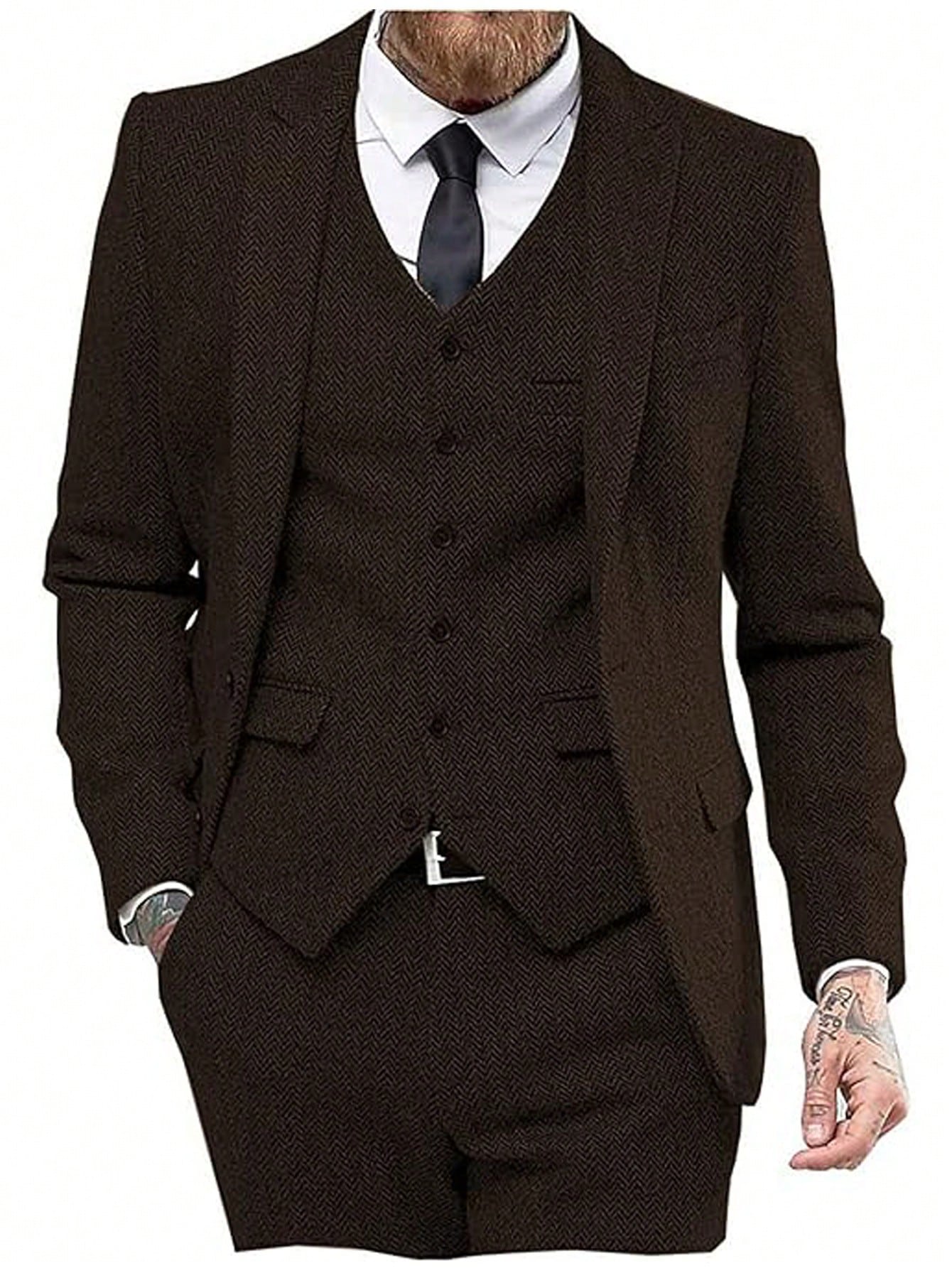 Mens Herringbone Tweed Suit 3 Piece Suit Two Buttons Wool Suits 1920's Themed Wedding Suit