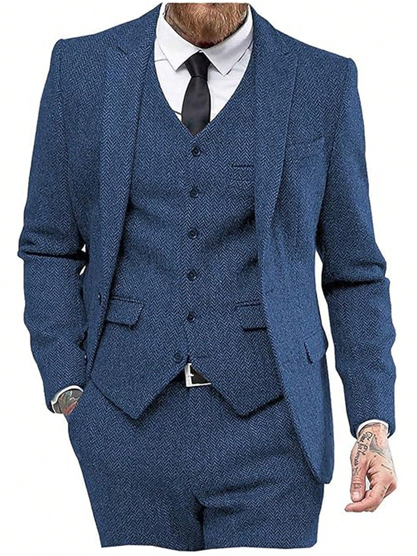 Mens Herringbone Tweed Suit 3 Piece Suit Two Buttons Wool Suits 1920's Themed Wedding Suit