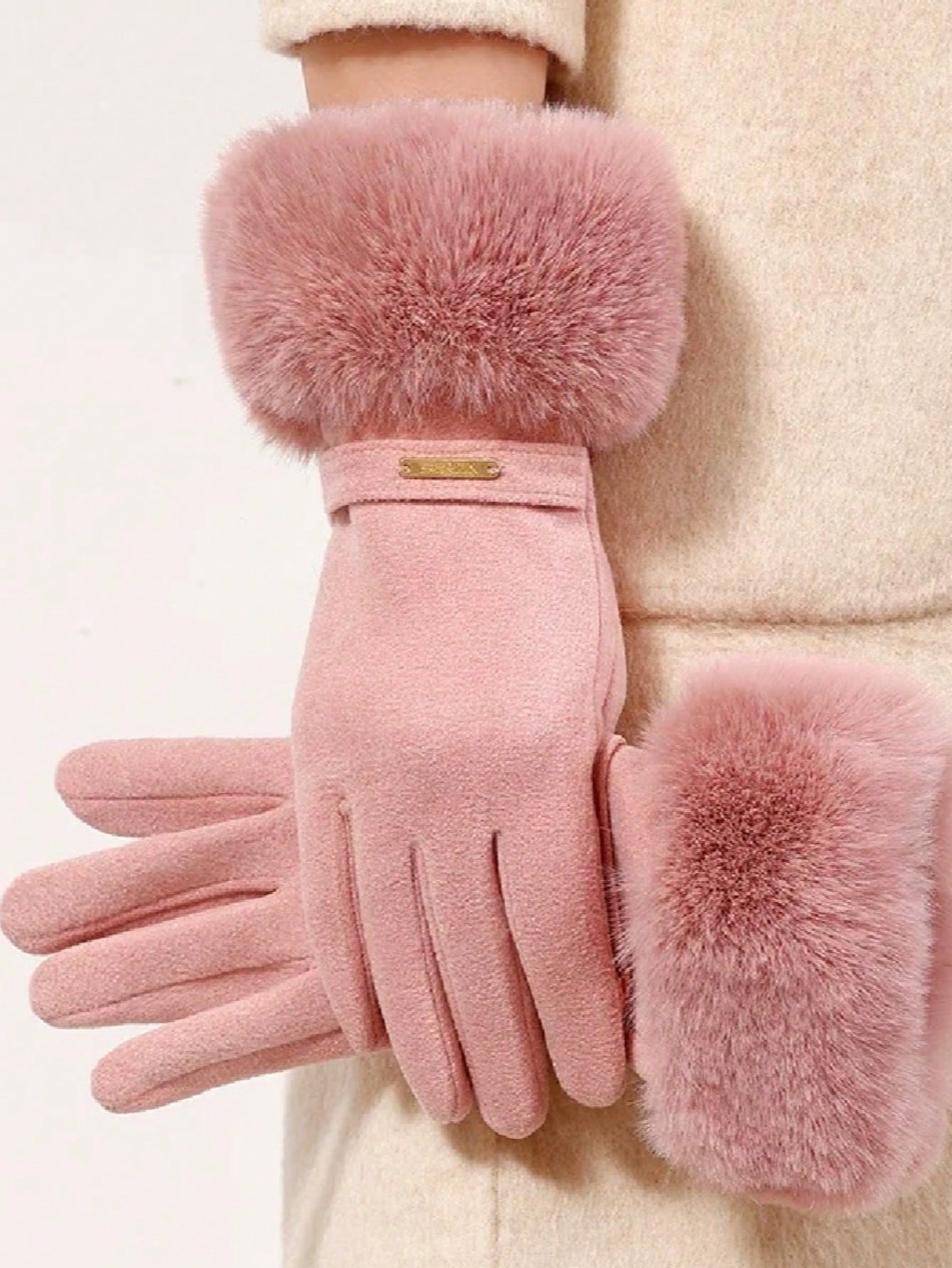 1 Pair Women Navy Plush Cuff Fashion Warm Gloves With Touchscreen Function, Suitable For Daily Use In Autumn And Winter