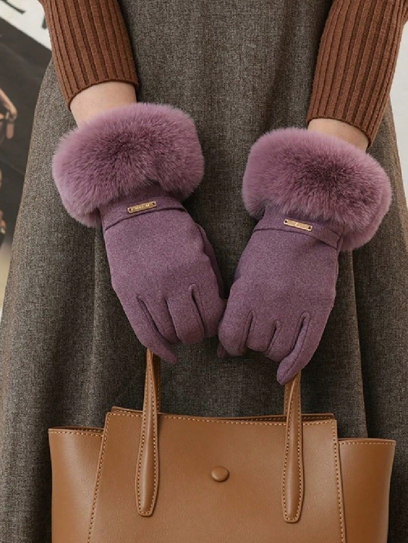 1 Pair Women Navy Plush Cuff Fashion Warm Gloves With Touchscreen Function, Suitable For Daily Use In Autumn And Winter