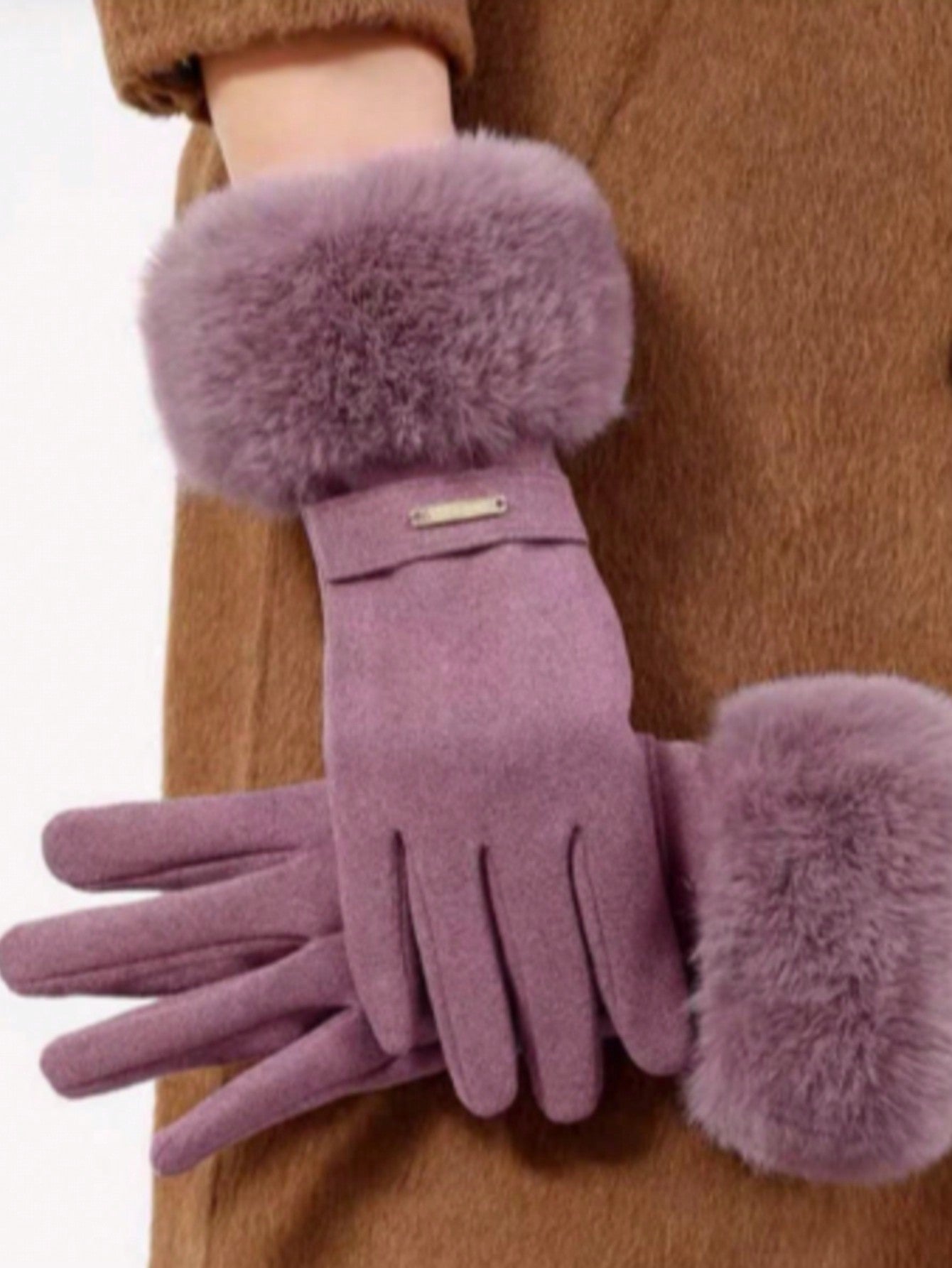 1 Pair Women Navy Plush Cuff Fashion Warm Gloves With Touchscreen Function, Suitable For Daily Use In Autumn And Winter