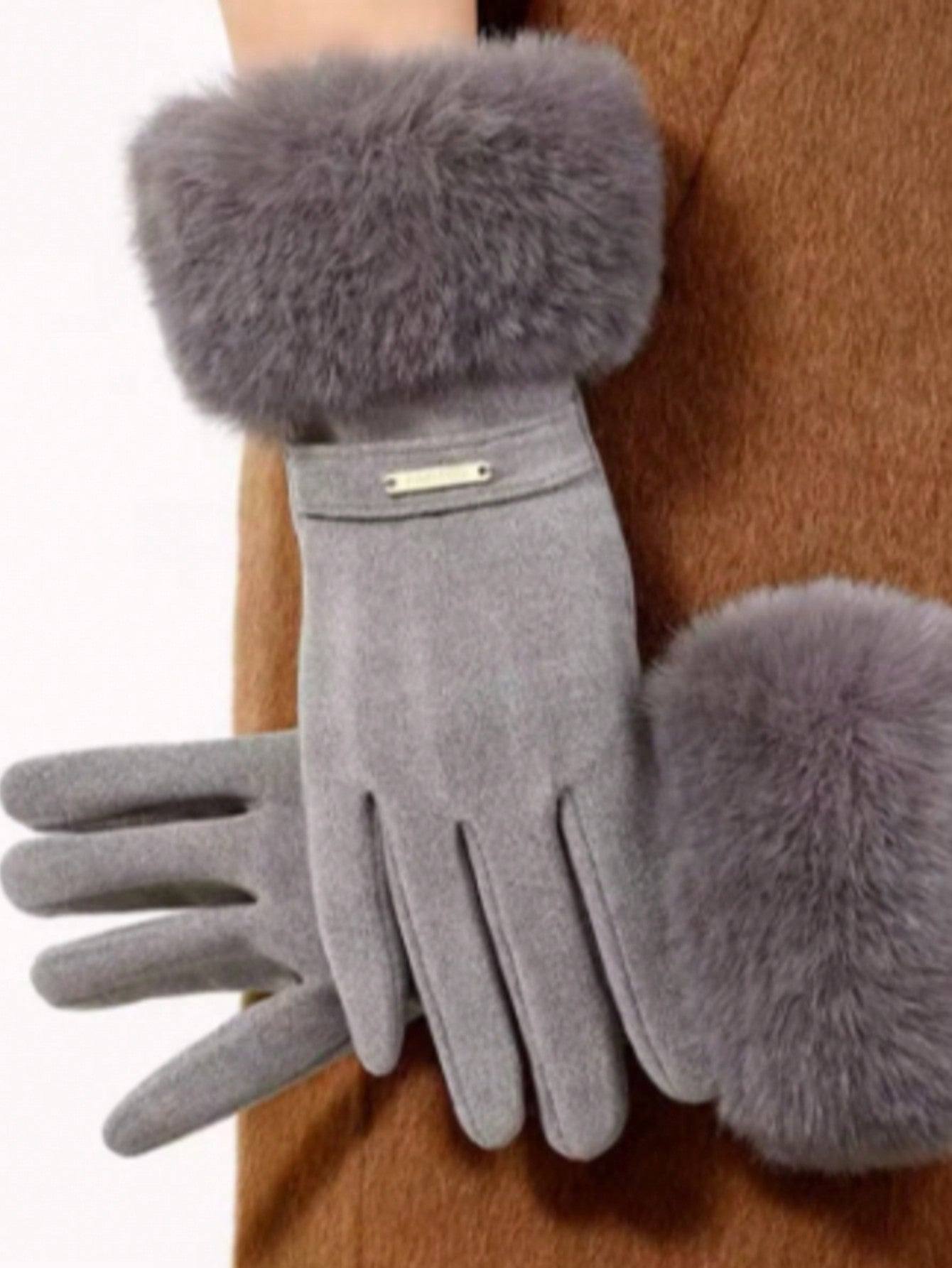 1 Pair Women Navy Plush Cuff Fashion Warm Gloves With Touchscreen Function, Suitable For Daily Use In Autumn And Winter