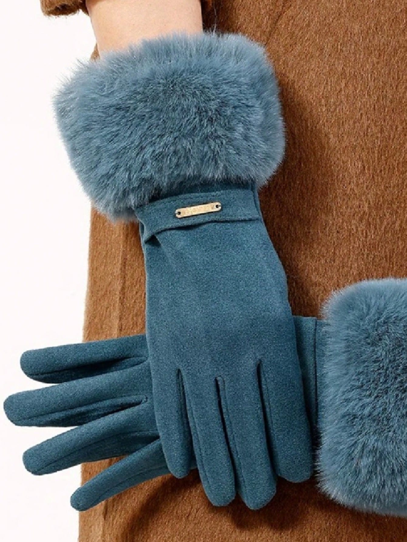 1 Pair Women Navy Plush Cuff Fashion Warm Gloves With Touchscreen Function, Suitable For Daily Use In Autumn And Winter