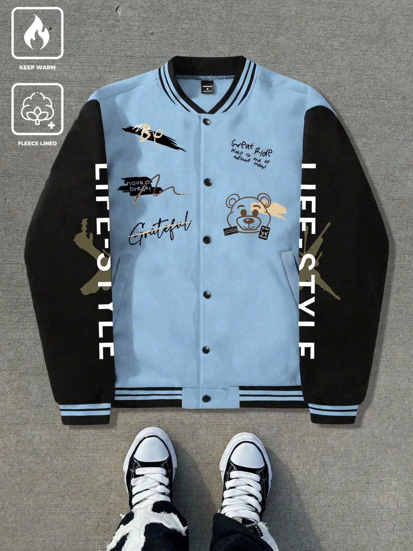 Manfinity EMRG Men's Loose Slogans Cartoon Bear Print Long Sleeve Casual Baseball Jacket, Autumn