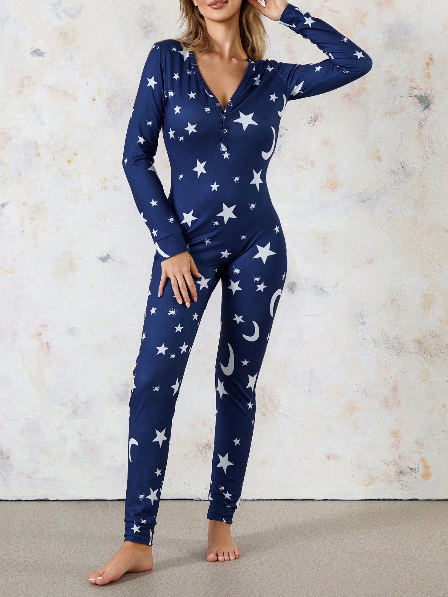 Women's Sexy Butt Button Back Flap Jumpsuit V Neck Long Sleeve Romper Bodycon Pajamas One Piece