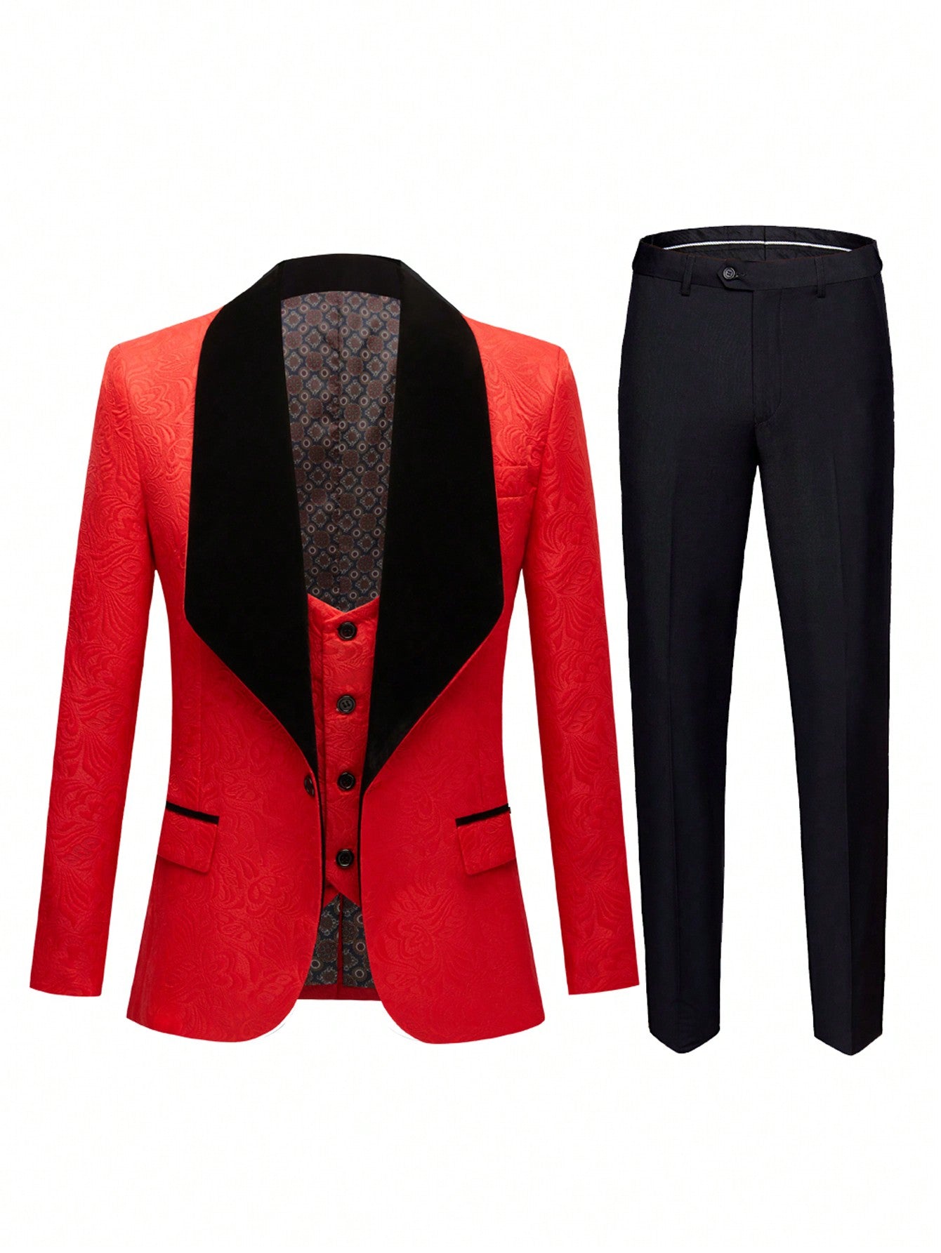 Mens Suits 3 Piece Slim Fit Tuxedo Jacquard Tux Shawl Lapel Blazer Floral Jacket Waistcoat Pants Set For Wedding Prom