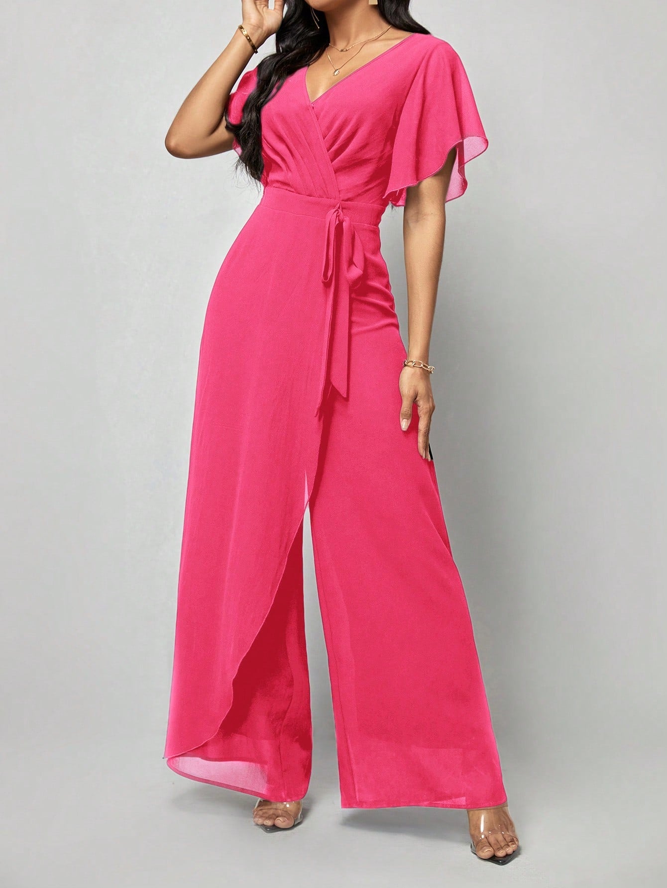 Amorya Saint Patrick Day Butterfly Sleeve Wrap Belted Wide Leg Jumpsuit