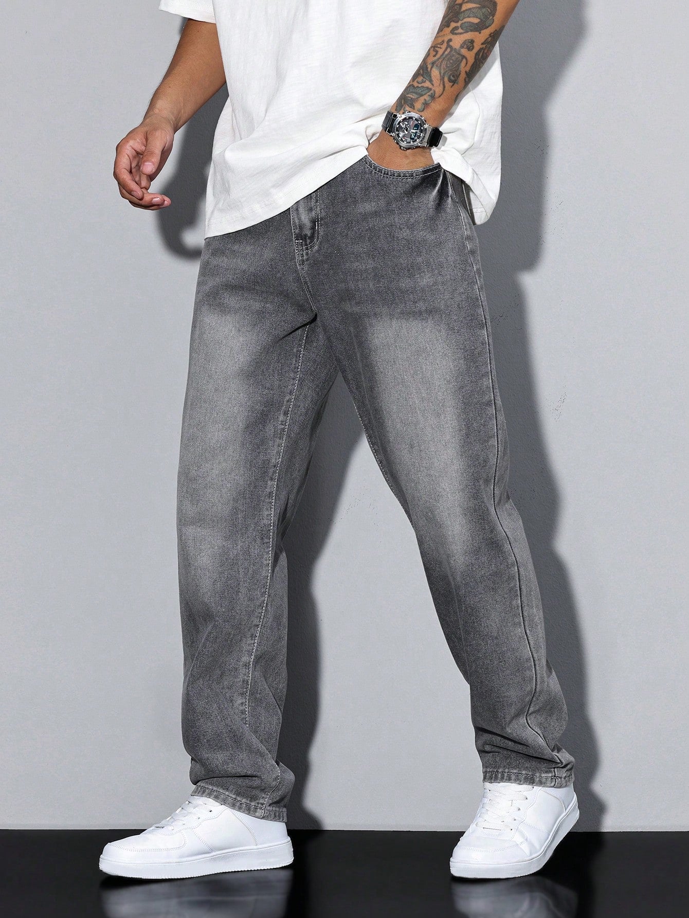 Manfinity Homme Men's Solid Color Pocket Casual All-Match Straight Leg Jeans