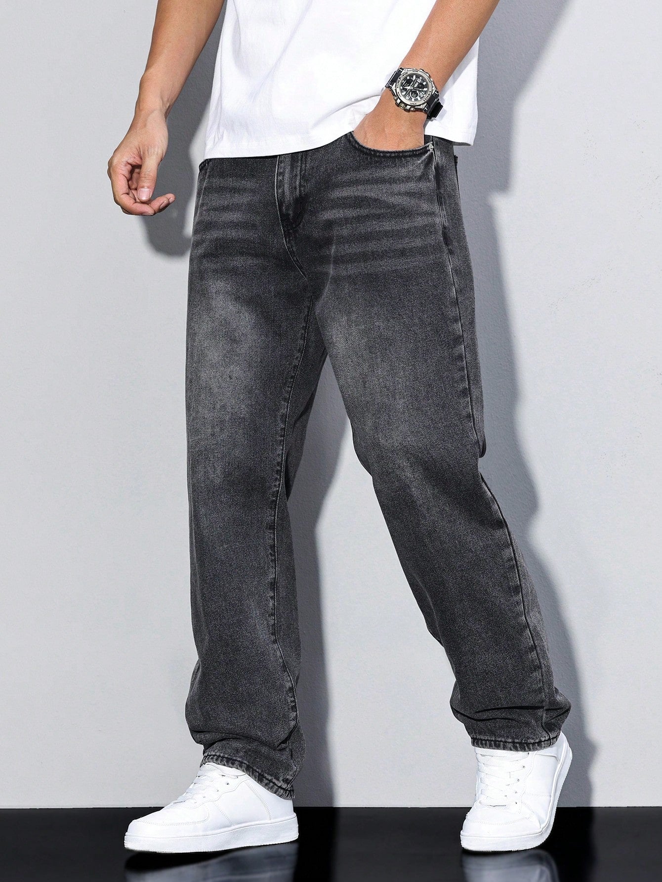 Manfinity Homme Men's Solid Color Pocket Casual All-Match Straight Leg Jeans
