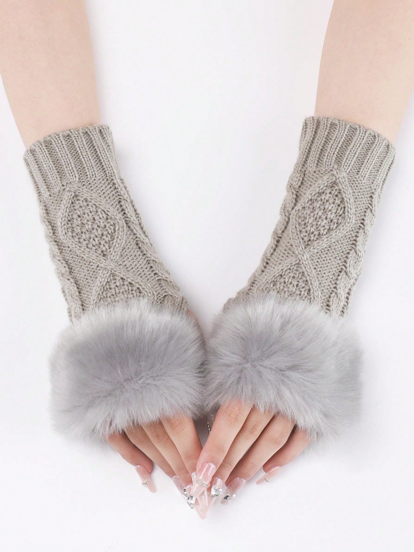 1 Pair Women's White Short Knitted Fingerless Gloves With Fur Edge, Autumn