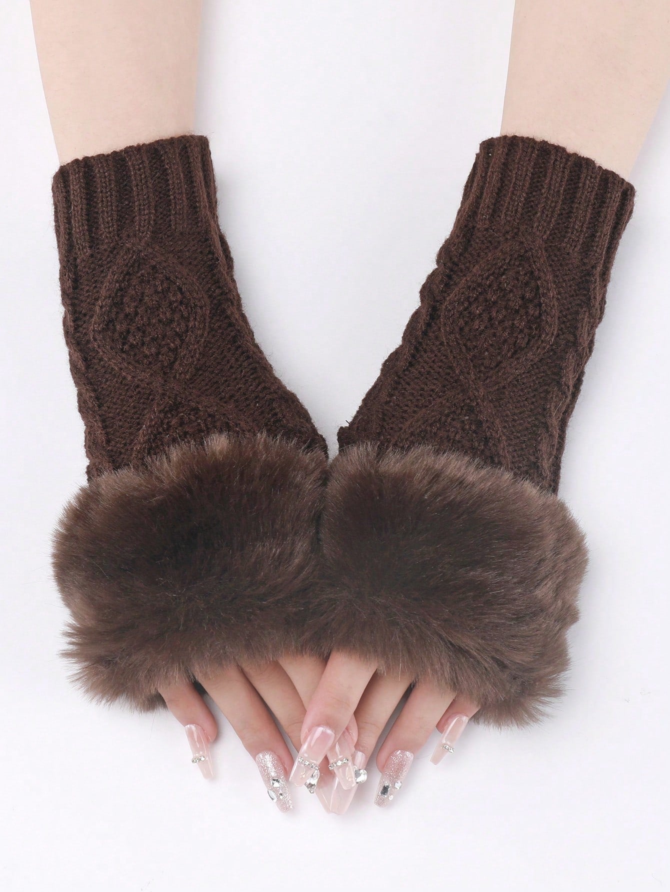 1 Pair Women's White Short Knitted Fingerless Gloves With Fur Edge, Autumn