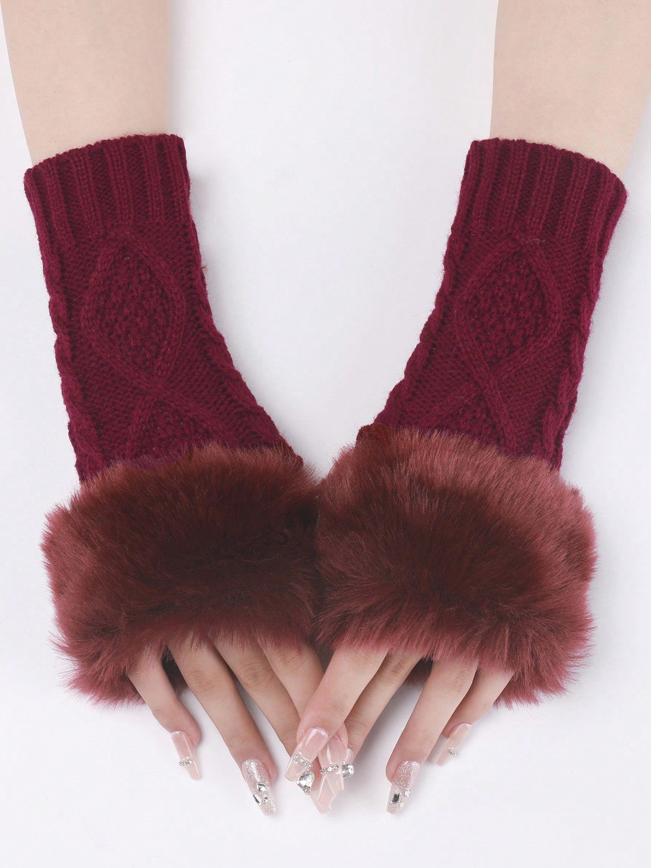 1 Pair Women's White Short Knitted Fingerless Gloves With Fur Edge, Autumn