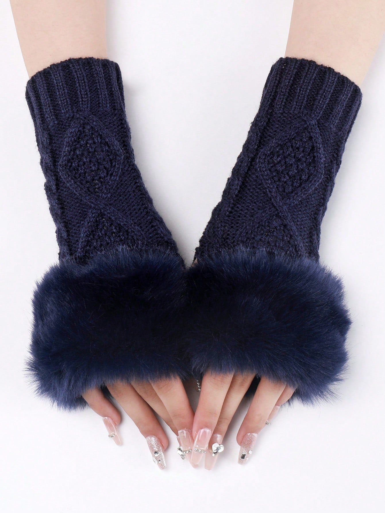 1 Pair Women's White Short Knitted Fingerless Gloves With Fur Edge, Autumn