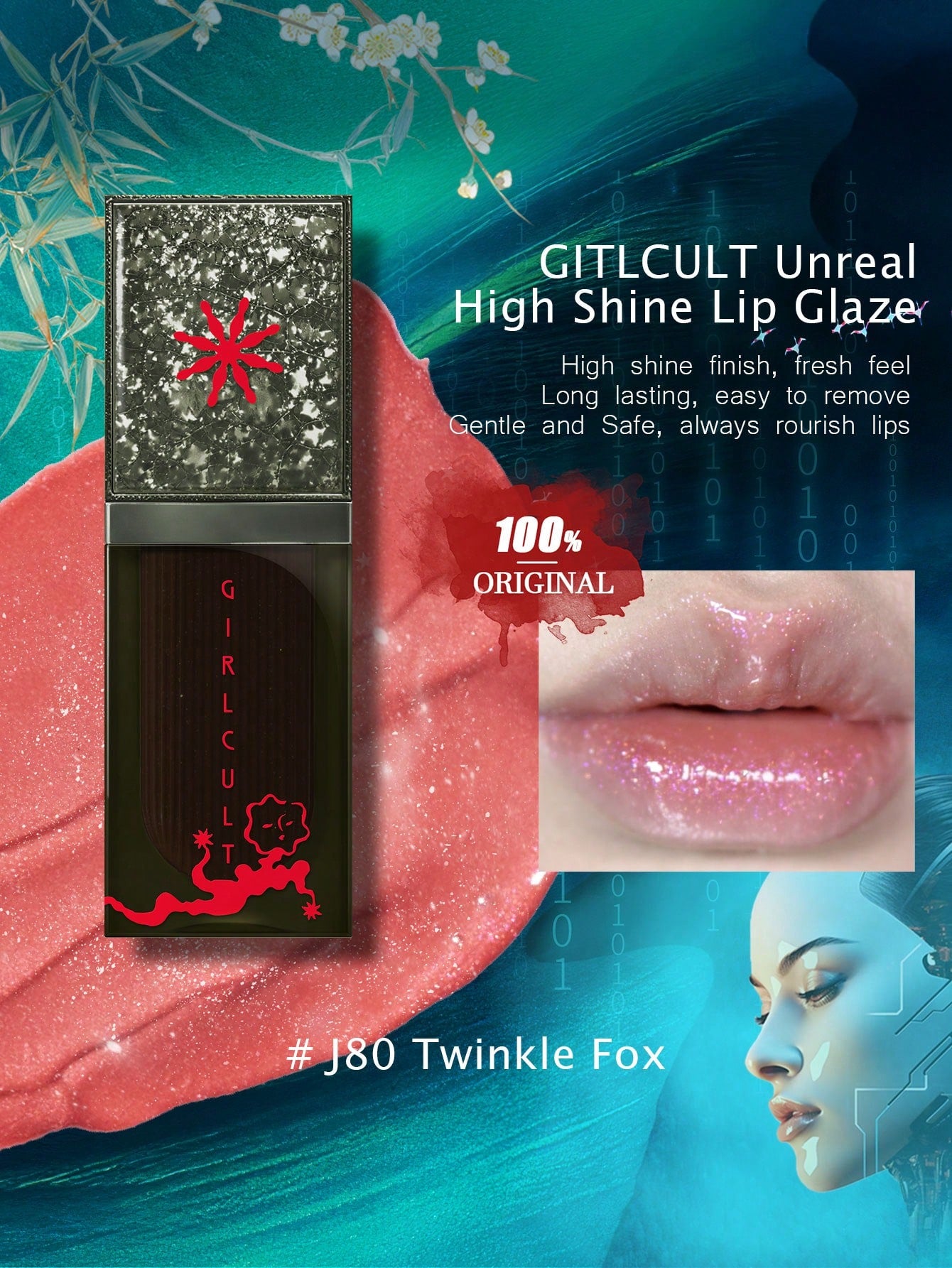 GIRLCULT Unreal High Shine Lip Glaze Liquid Lipstick J70 Pink Fox, Mild And Non-Irritating, Oil-Based Rhinestone Shiny Glitter Lip Gloss, Sparkly Metallic Color Intense Shimmery Finish, Long Wears, Holographic Talc Free 3.5g(0.12 Fl.Oz),GIFT