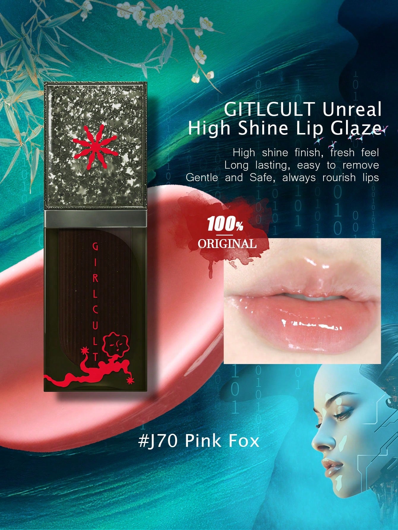 GIRLCULT Unreal High Shine Lip Glaze Liquid Lipstick J70 Pink Fox, Mild And Non-Irritating, Oil-Based Rhinestone Shiny Glitter Lip Gloss, Sparkly Metallic Color Intense Shimmery Finish, Long Wears, Holographic Talc Free 3.5g(0.12 Fl.Oz),GIFT