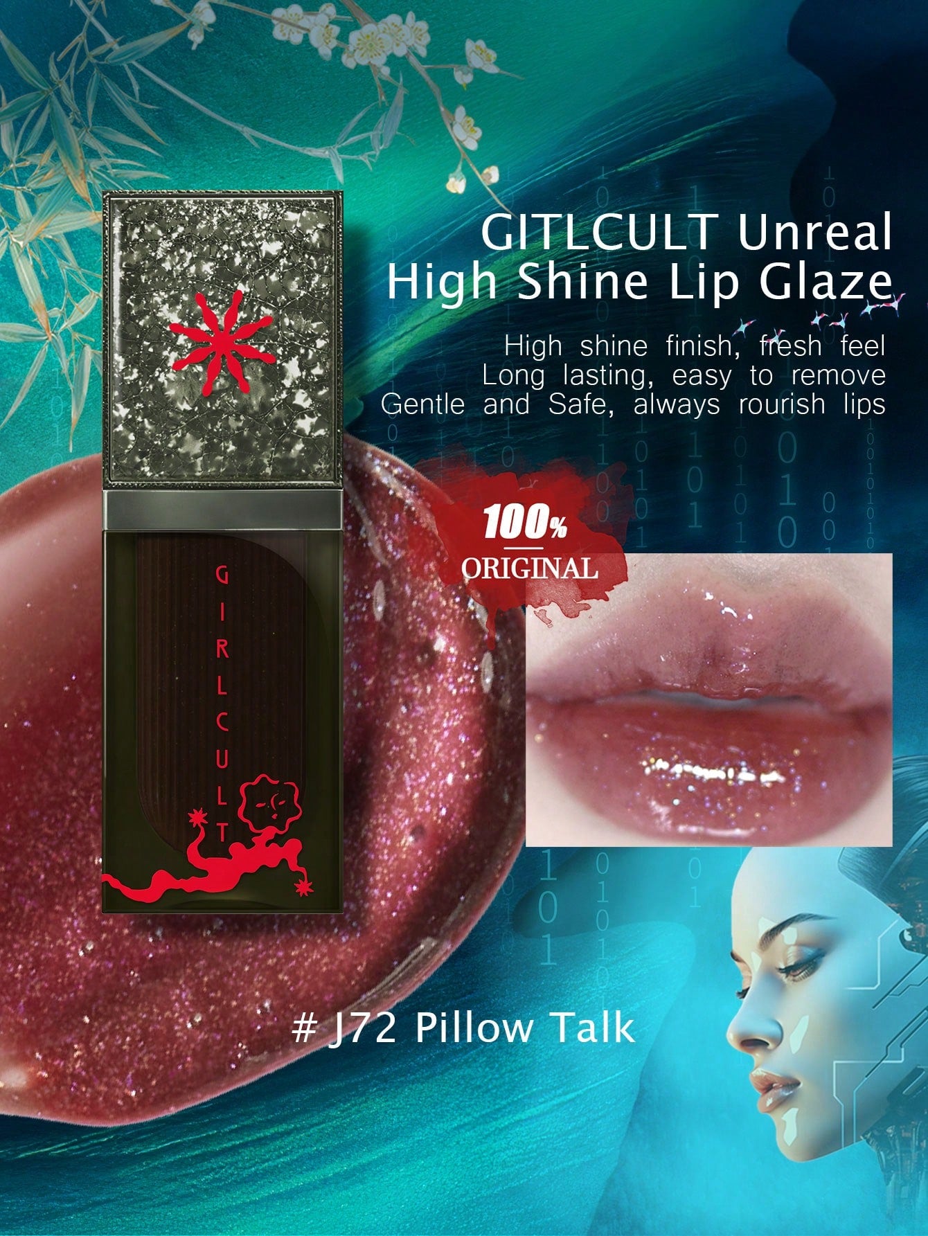 GIRLCULT Unreal High Shine Lip Glaze Liquid Lipstick J70 Pink Fox, Mild And Non-Irritating, Oil-Based Rhinestone Shiny Glitter Lip Gloss, Sparkly Metallic Color Intense Shimmery Finish, Long Wears, Holographic Talc Free 3.5g(0.12 Fl.Oz),GIFT