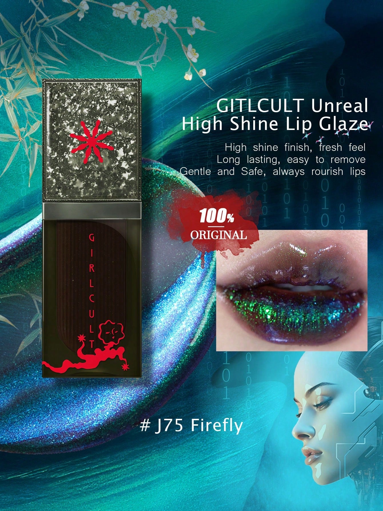 GIRLCULT Unreal High Shine Lip Glaze Liquid Lipstick J70 Pink Fox, Mild And Non-Irritating, Oil-Based Rhinestone Shiny Glitter Lip Gloss, Sparkly Metallic Color Intense Shimmery Finish, Long Wears, Holographic Talc Free 3.5g(0.12 Fl.Oz),GIFT