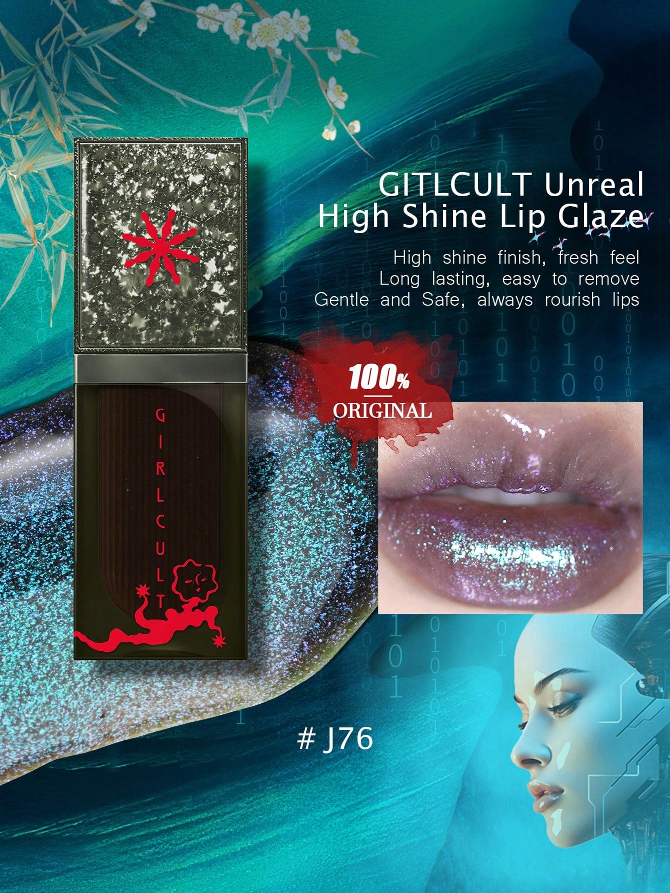 GIRLCULT Unreal High Shine Lip Glaze Liquid Lipstick J70 Pink Fox, Mild And Non-Irritating, Oil-Based Rhinestone Shiny Glitter Lip Gloss, Sparkly Metallic Color Intense Shimmery Finish, Long Wears, Holographic Talc Free 3.5g(0.12 Fl.Oz),GIFT