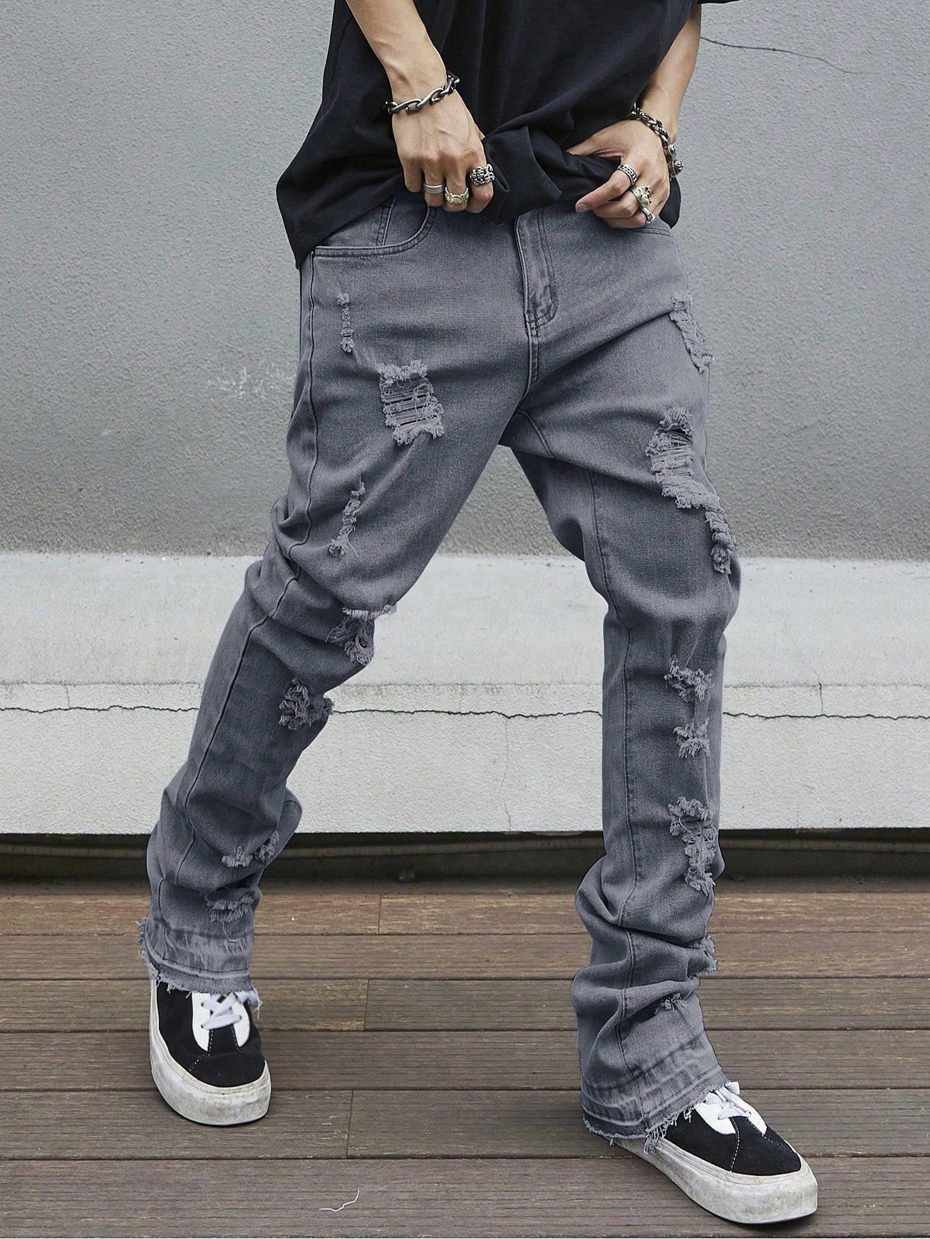 Manfinity LEGND Tight Flare Hem Full Length Distressed Pockets Plain Color Denim Jeans