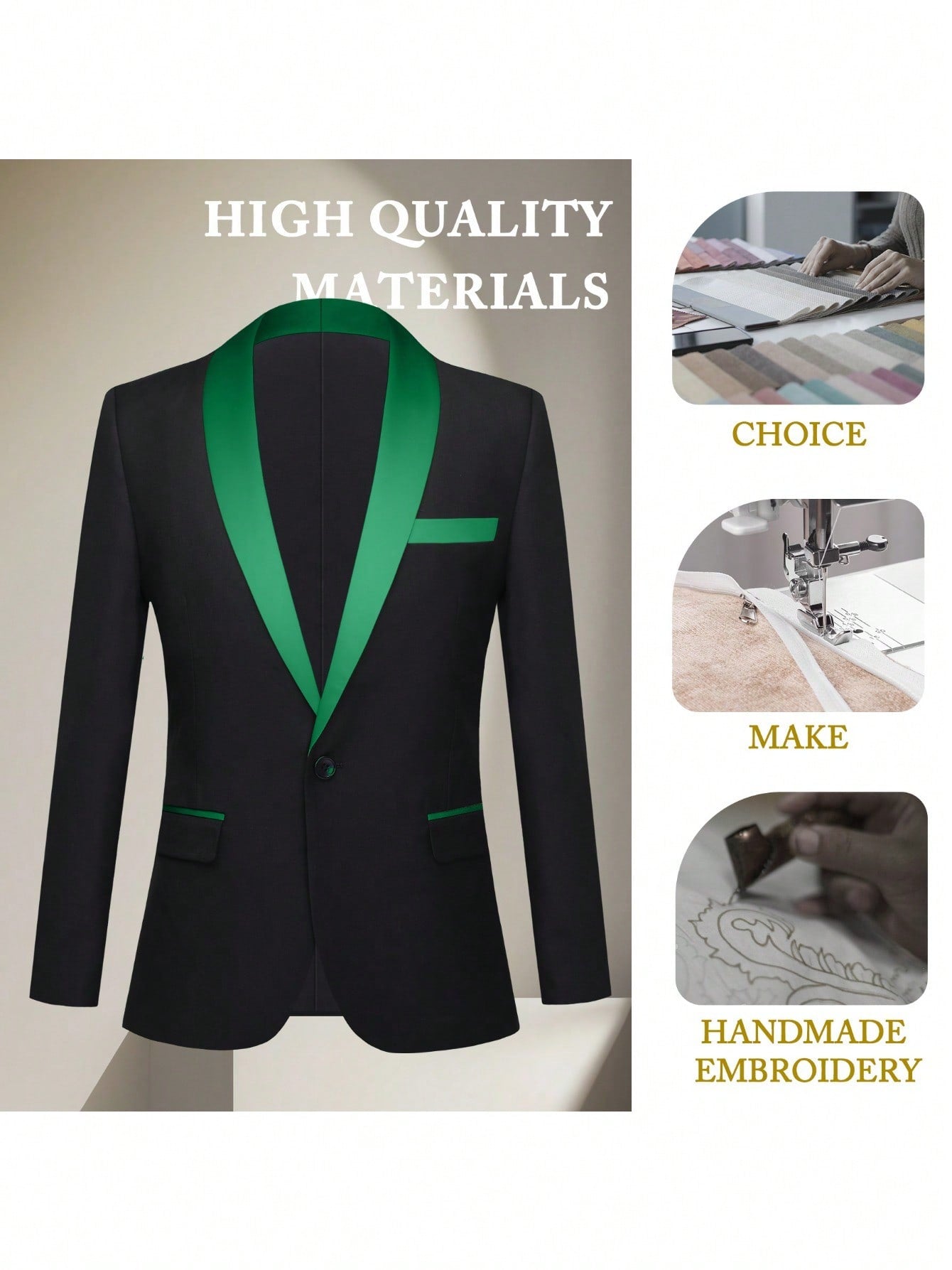 Men's 3-Piece Slim-Fit Solid-Colored Peaked Lapel Tuxedo Jacket Blazer For Party, Prom And Wedding