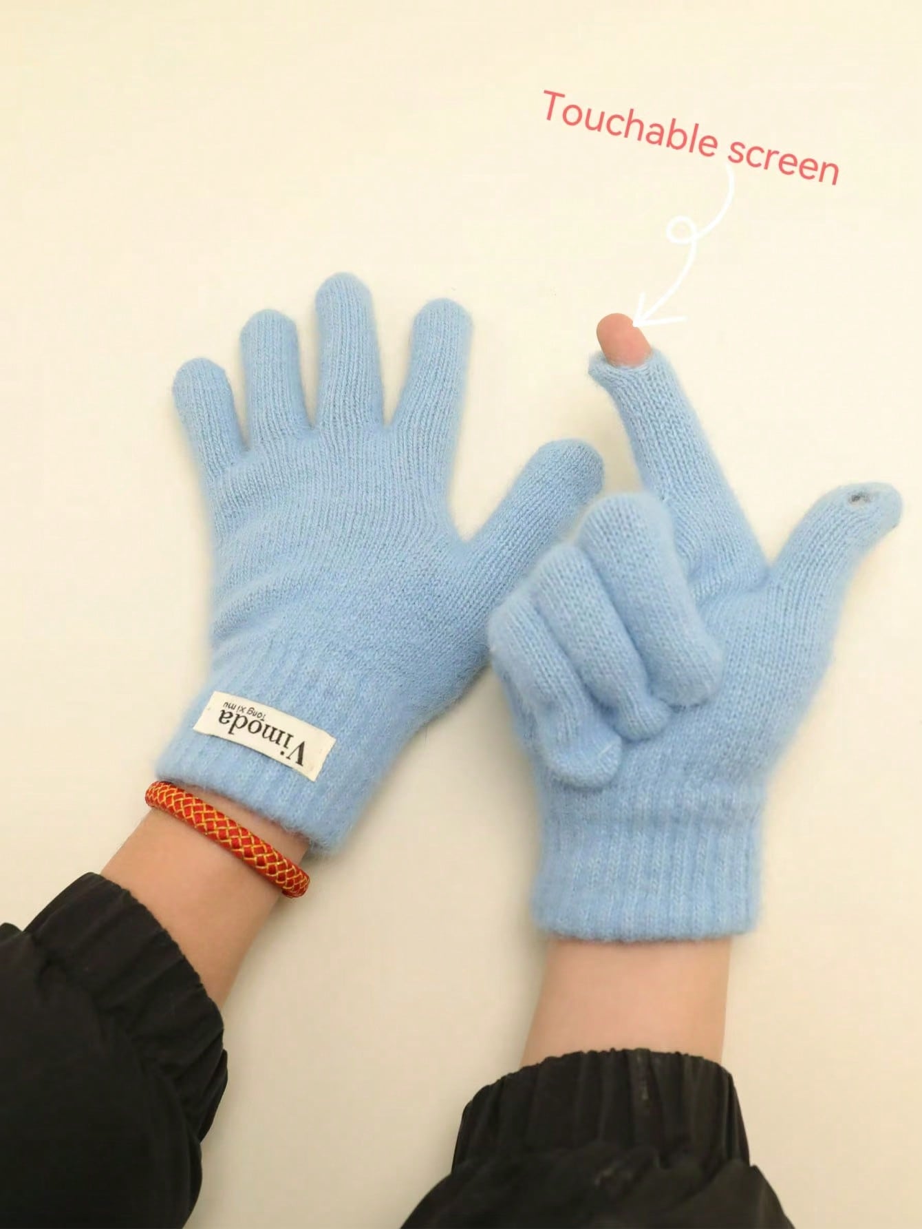 1 Pair Light Blue Women's Polyester Fiber Solid Color Minimalist Warm Touchscreen Gloves With Letter Logo
