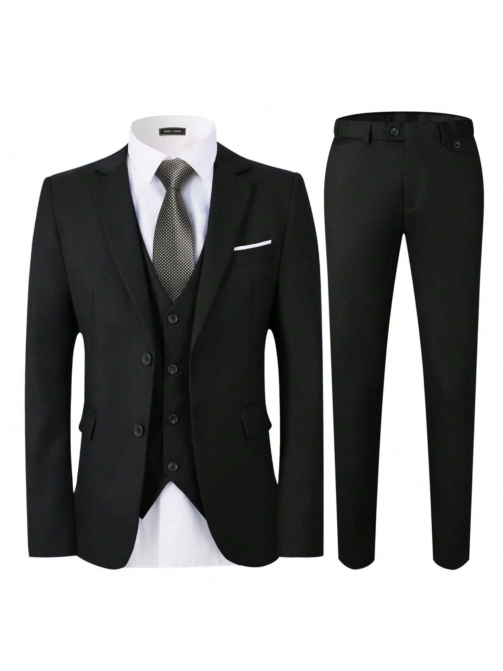 WEEN CHARM Men's Suits Slim Fit,3 Piece Suit For Men,2 Button Blazer Jacket Vest Pants With Tie,Men Tuxedo Suit Set