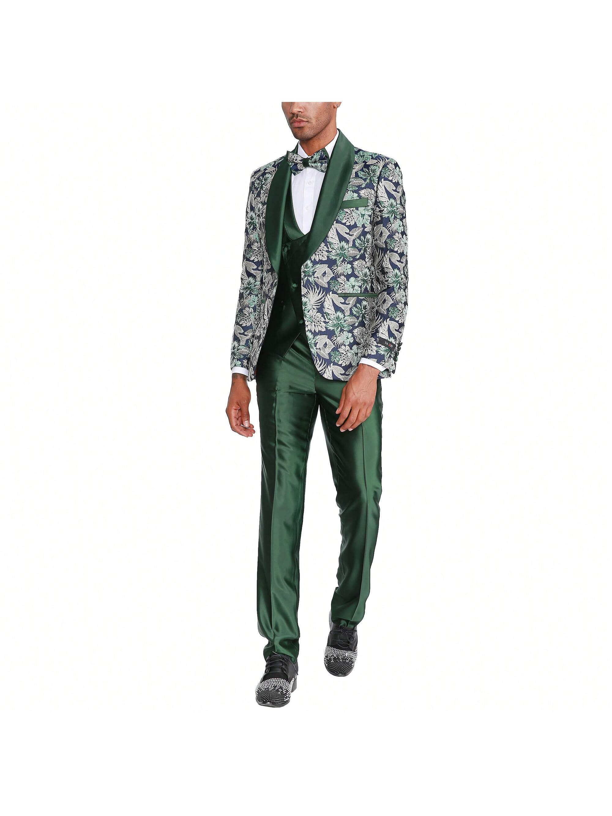 Mens Tuxedo 3pc Floral Satin Shawl Lapel Jacket With Solid Collared Double Breasted Vest