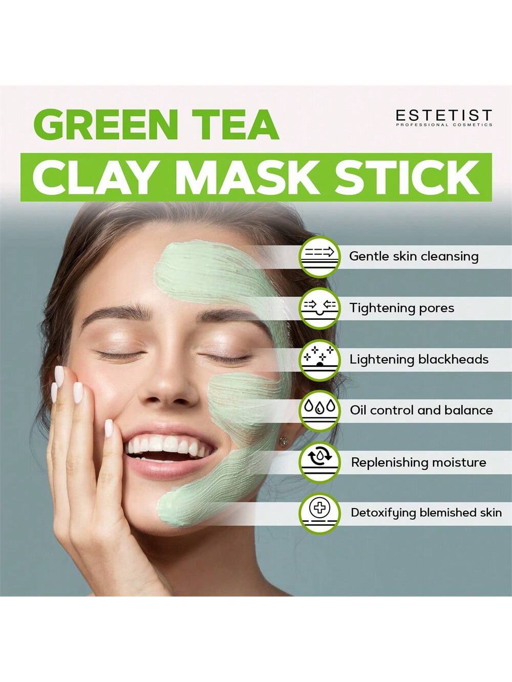 3pcs Green Tea Mask Stick Blackhead Remover Deep Pore Cleansing Clay Stick Mask Moisturizing Oil Control Shrink Pores Remove Anti-Acne Mask Facial Care