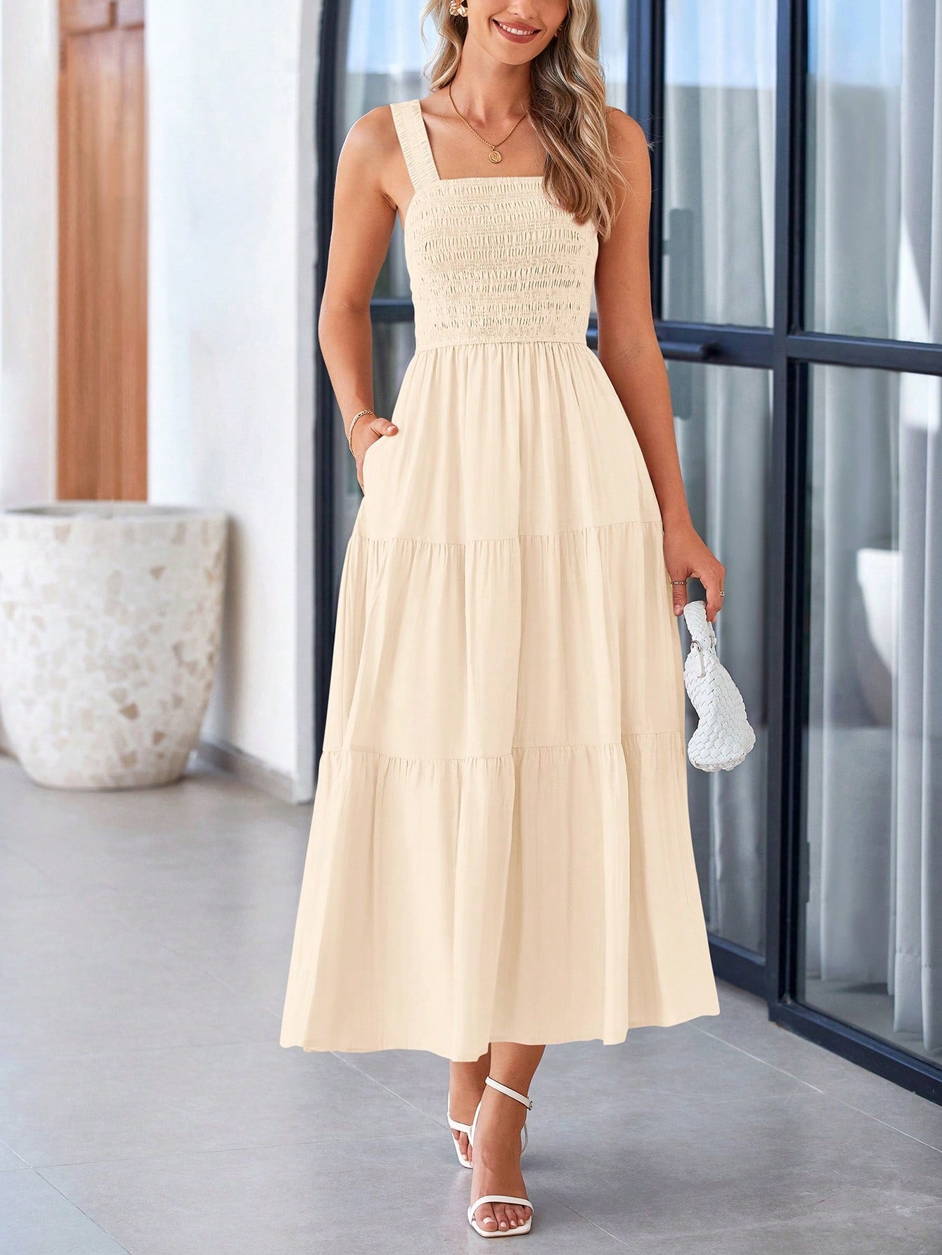 Women's Summer Pleated Midlength Dress Peplum A-Line Halter Long Flowy Dress Lovely Sleeveless Beach Sundress