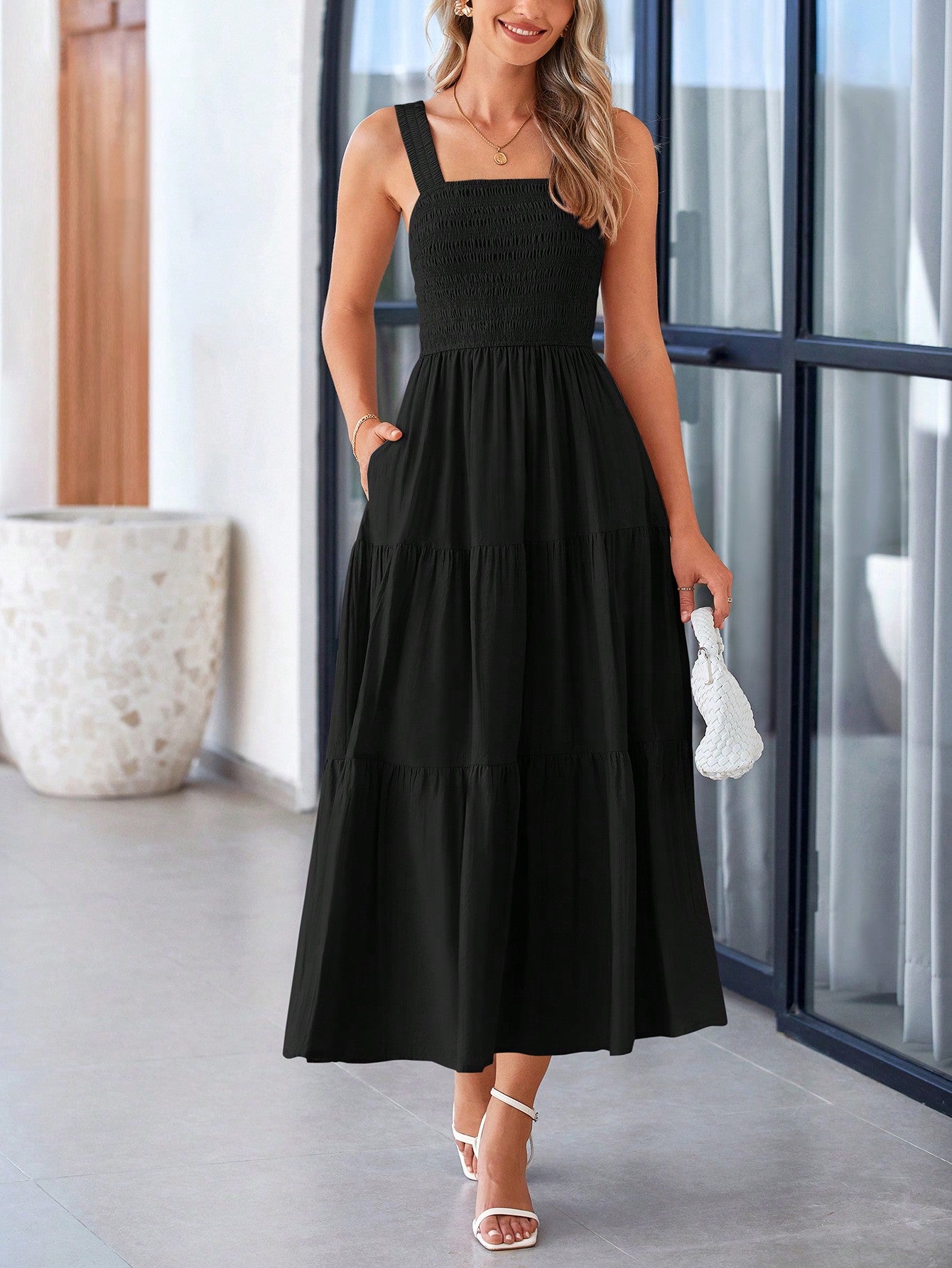 Women's Summer Pleated Midlength Dress Peplum A-Line Halter Long Flowy Dress Lovely Sleeveless Beach Sundress