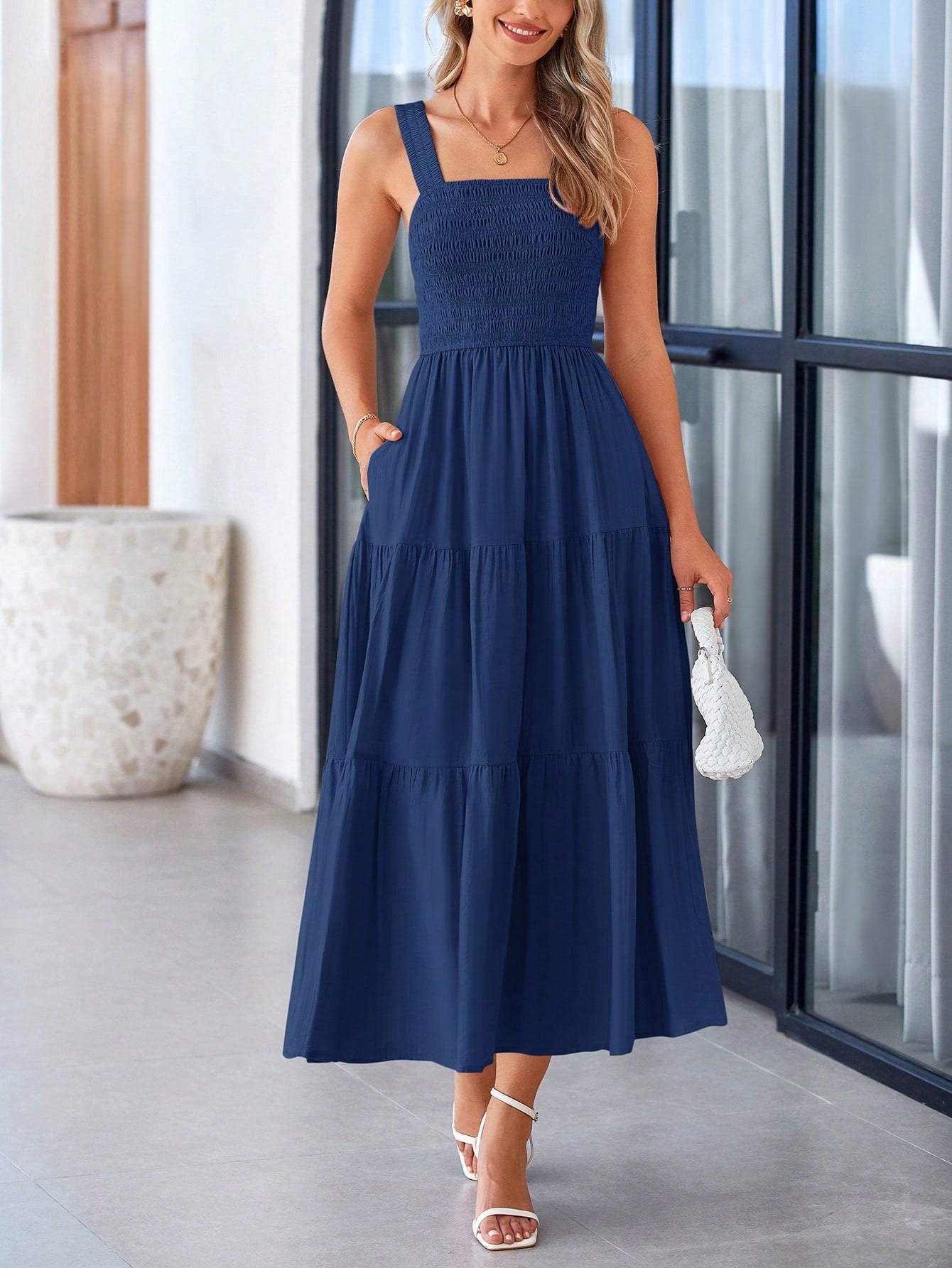 Women's Summer Pleated Midlength Dress Peplum A-Line Halter Long Flowy Dress Lovely Sleeveless Beach Sundress