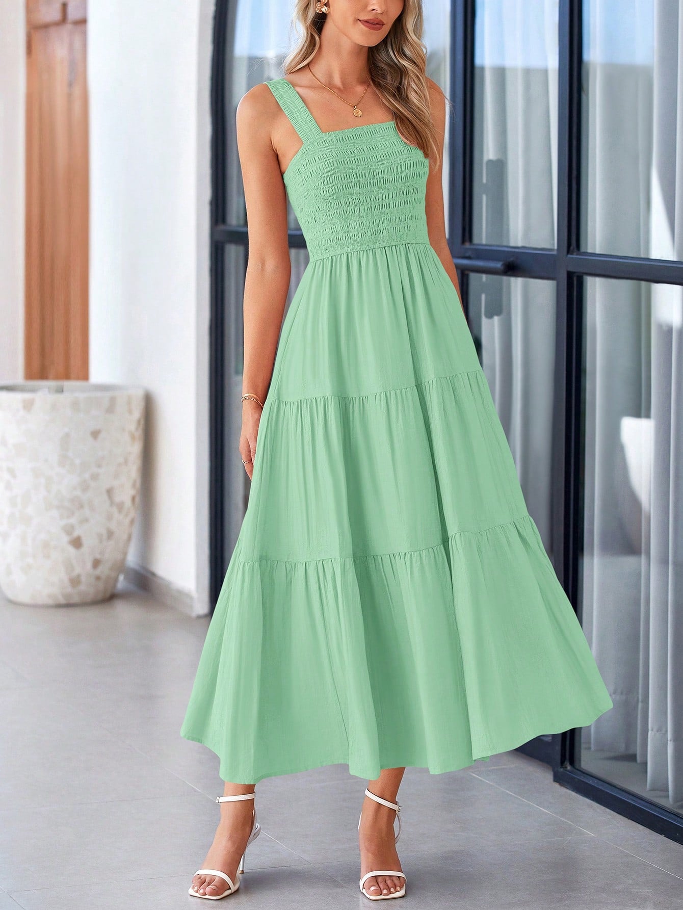 Women's Summer Pleated Midlength Dress Peplum A-Line Halter Long Flowy Dress Lovely Sleeveless Beach Sundress