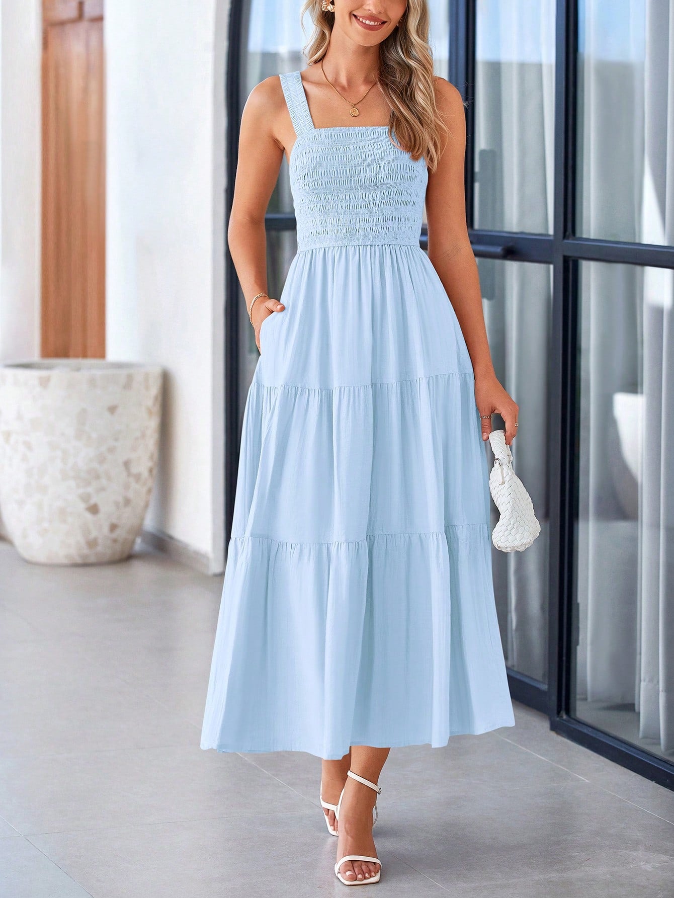 Women's Summer Pleated Midlength Dress Peplum A-Line Halter Long Flowy Dress Lovely Sleeveless Beach Sundress