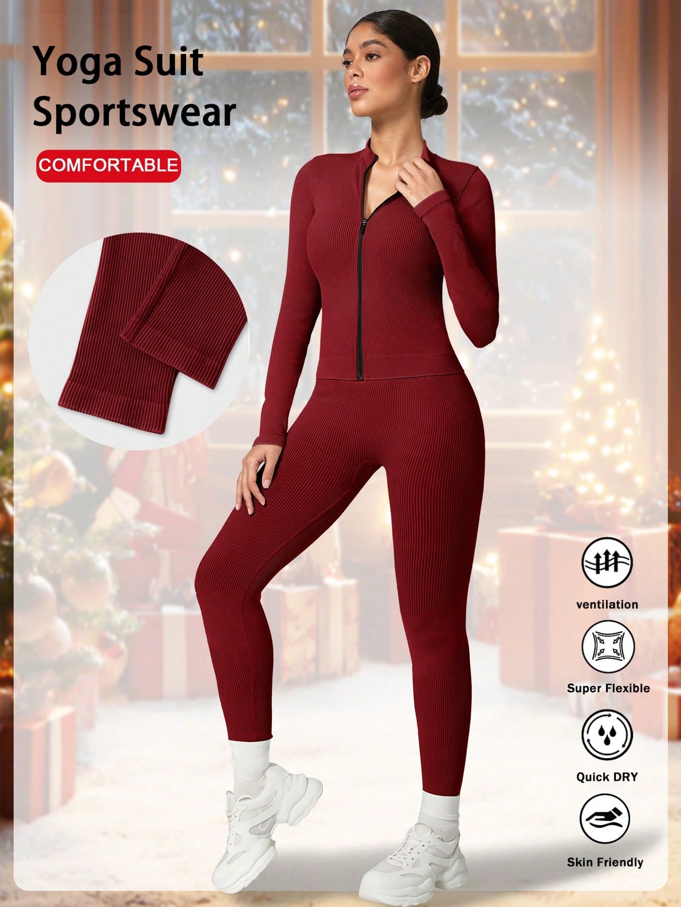 1 Set Women Winter Long Active Wear, Ribbed Zipper Base Layer Sportswear Set - Jacket And Stretchy Butt-Lifting Sweatpants