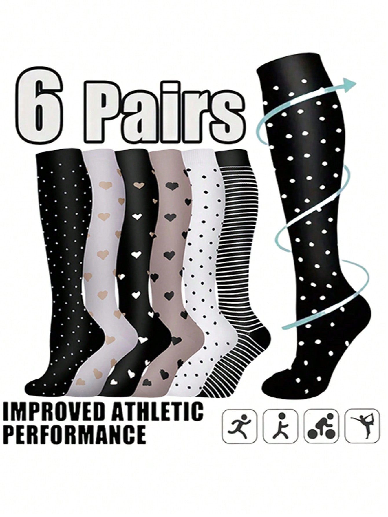 6 Pairs Of Compression Socks For Women And Men's Sports Socks, Breathable, Sweat-Absorbent, Comfortable, Nylon Blend Fabric, Suitable For Basketball, Football, Running, Hiking And Outdoor Activities