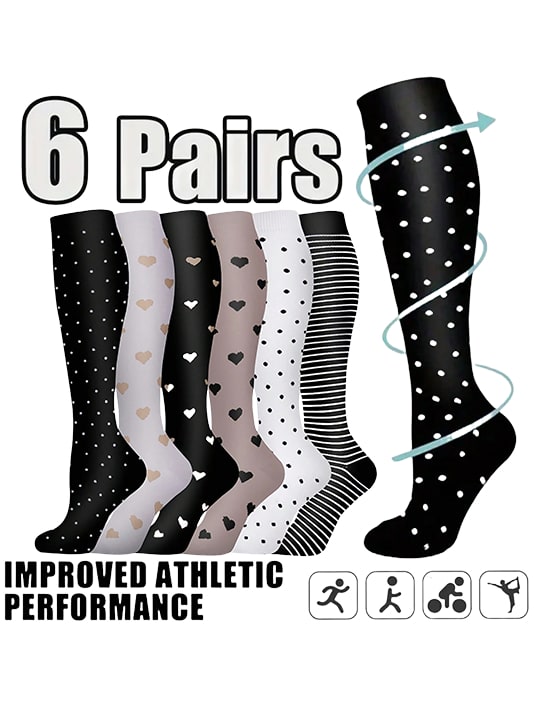6 Pairs Of Compression Socks For Women And Men's Sports Socks, Breathable, Sweat-Absorbent, Comfortable, Nylon Blend Fabric, Suitable For Basketball, Football, Running, Hiking And Outdoor Activities