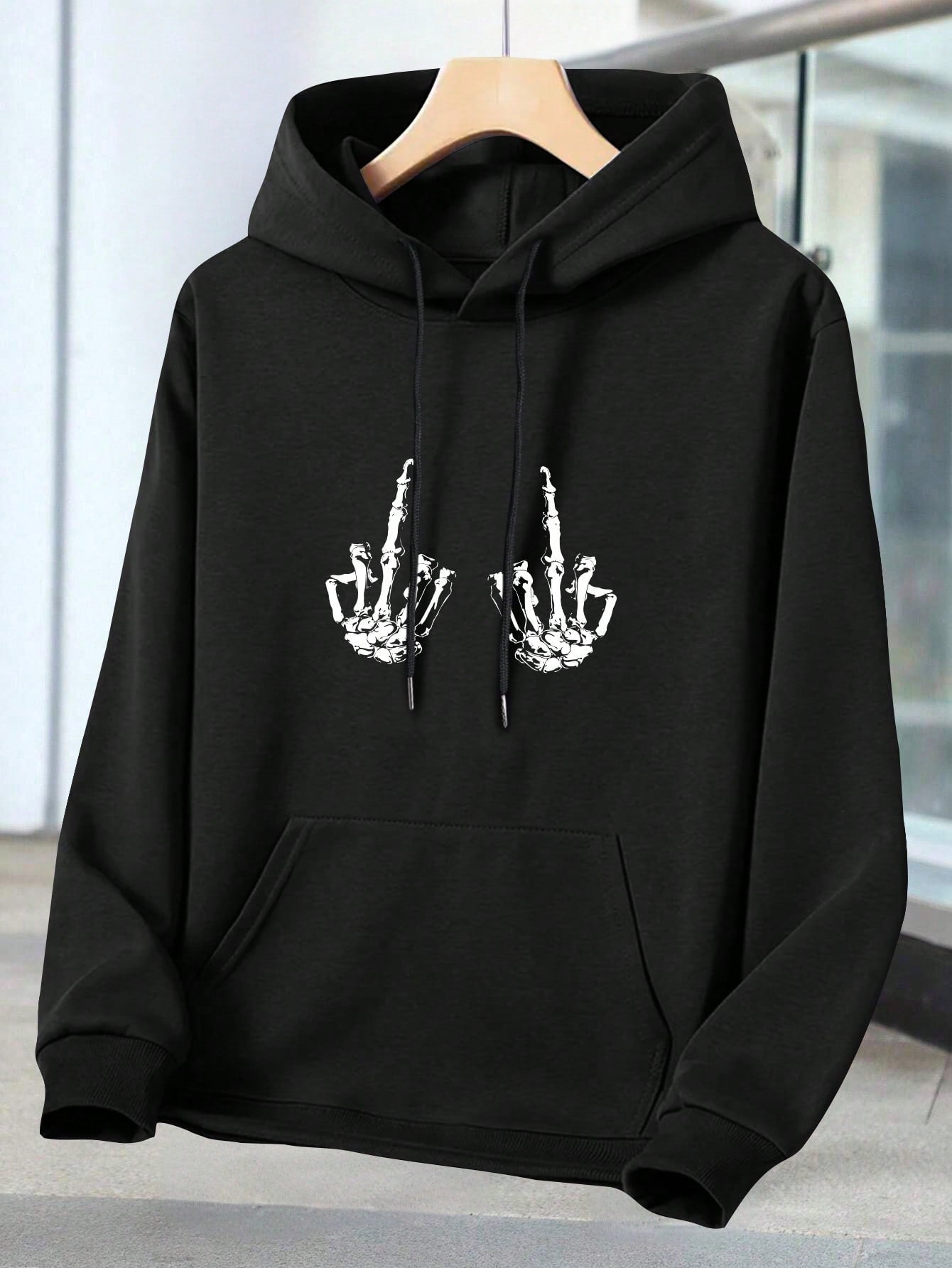 Men Skeleton Print Kangaroo Pocket Drawstring Hoodie