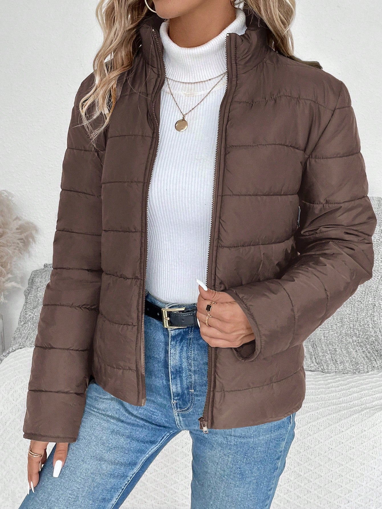 LUNE Stand Collar Plain Casual Puffer Jacket, Autumn/Winter Clothes