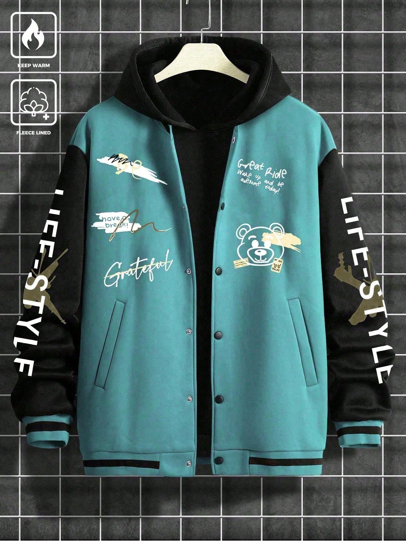 Manfinity EMRG Men's Loose Slogans Cartoon Bear Print Long Sleeve Casual Baseball Jacket, Autumn