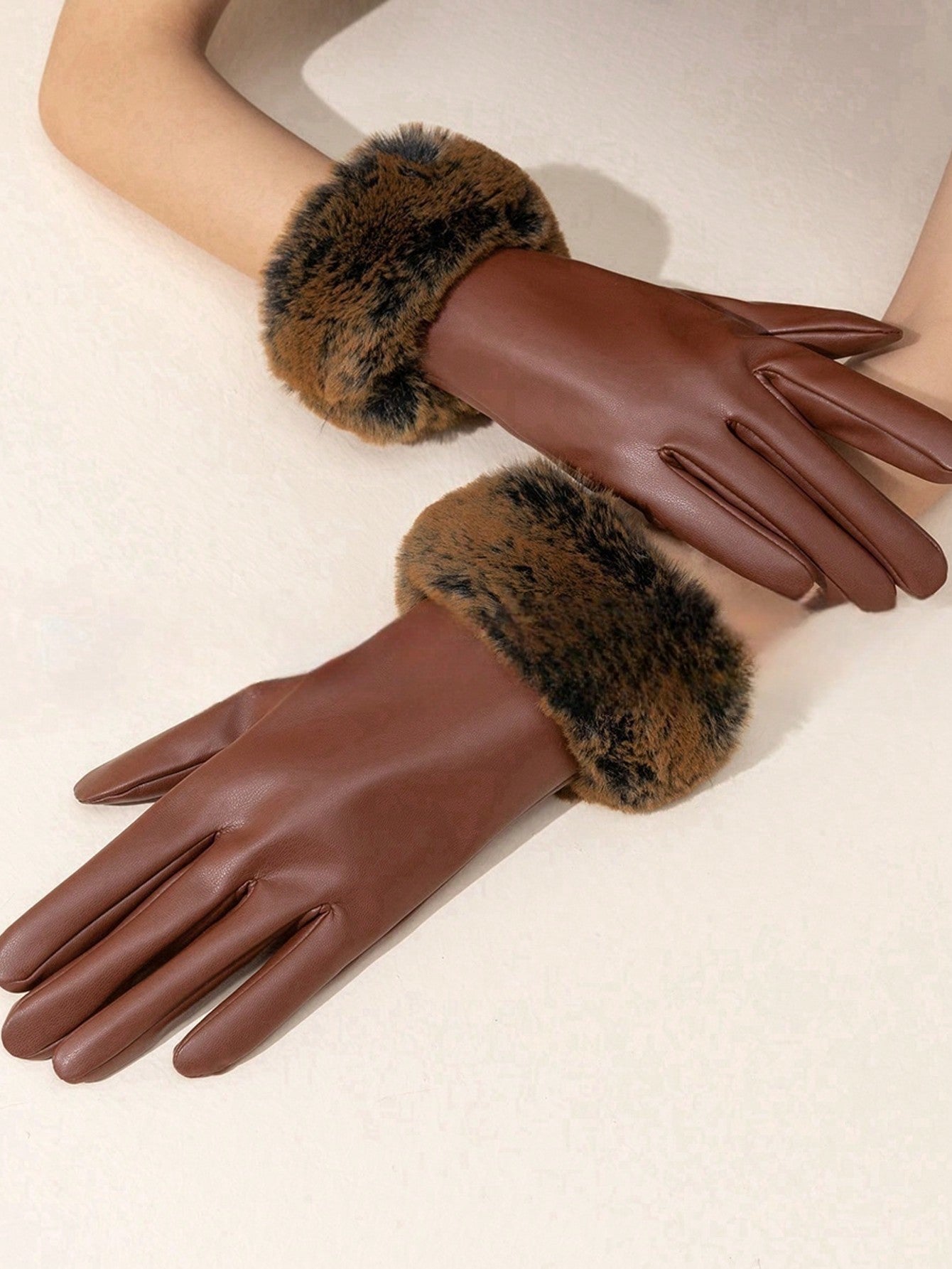 1 Pair Women's Leather Gloves With Faux Fur Cuffs, Warm Wind-Proof Touch Screen PU Leather Gloves