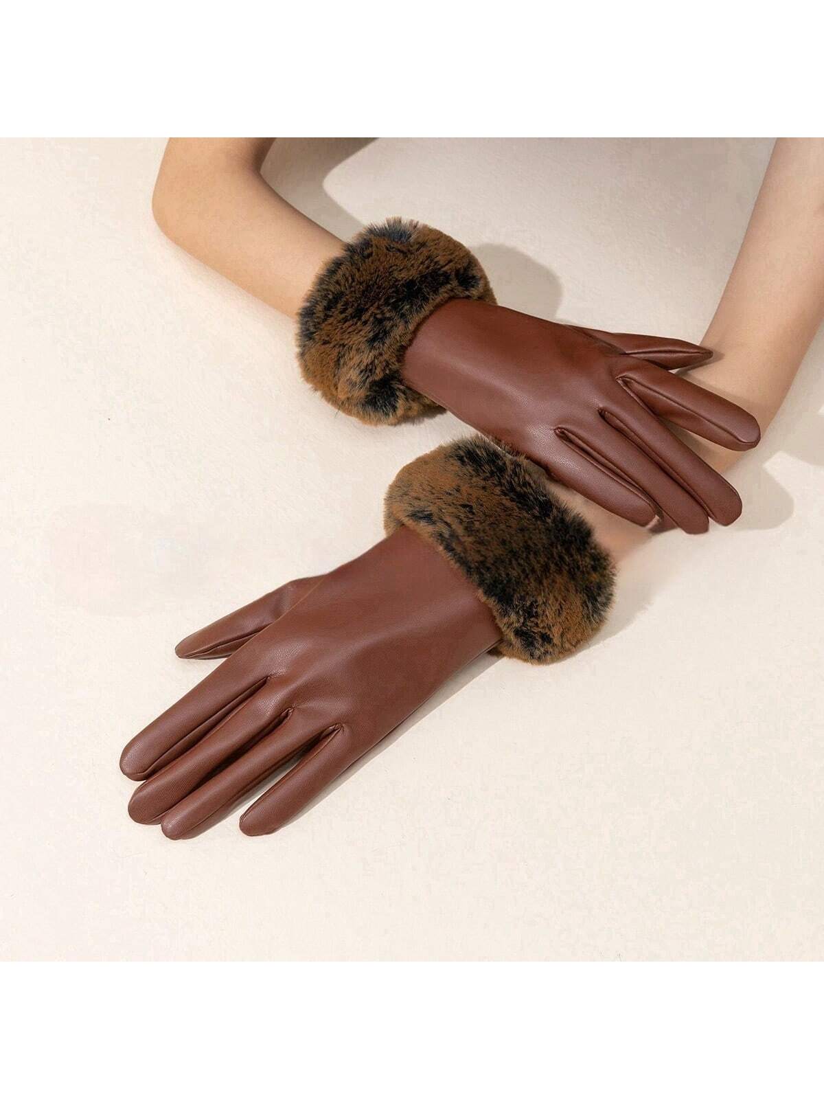 1 Pair Women's Leather Gloves With Faux Fur Cuffs, Warm Wind-Proof Touch Screen PU Leather Gloves